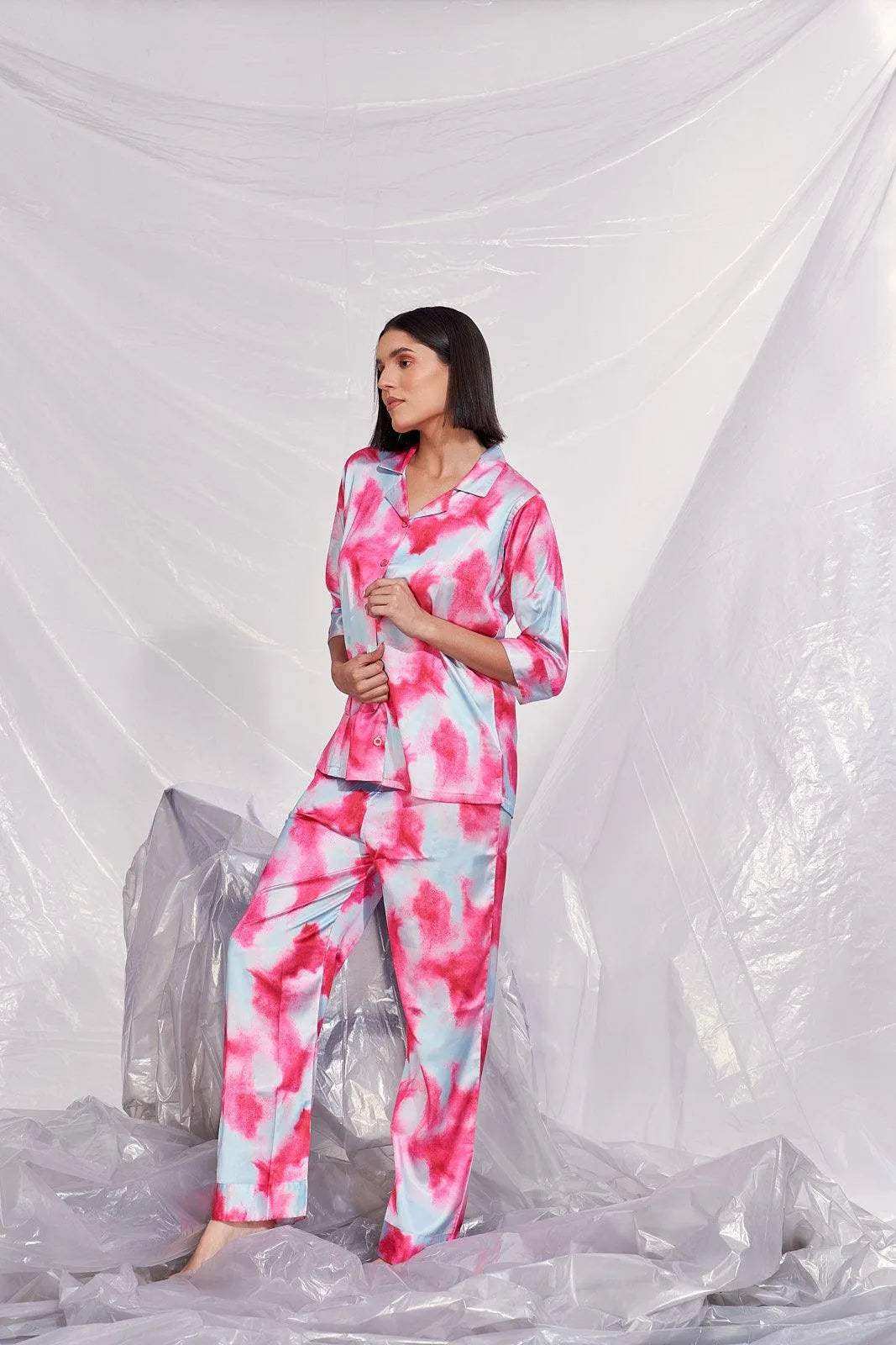 Velure Tie Dye Pink Satin Co-ord Set - Velure - - Collar Neck, Front Button Open, Full Length Pants, Satin