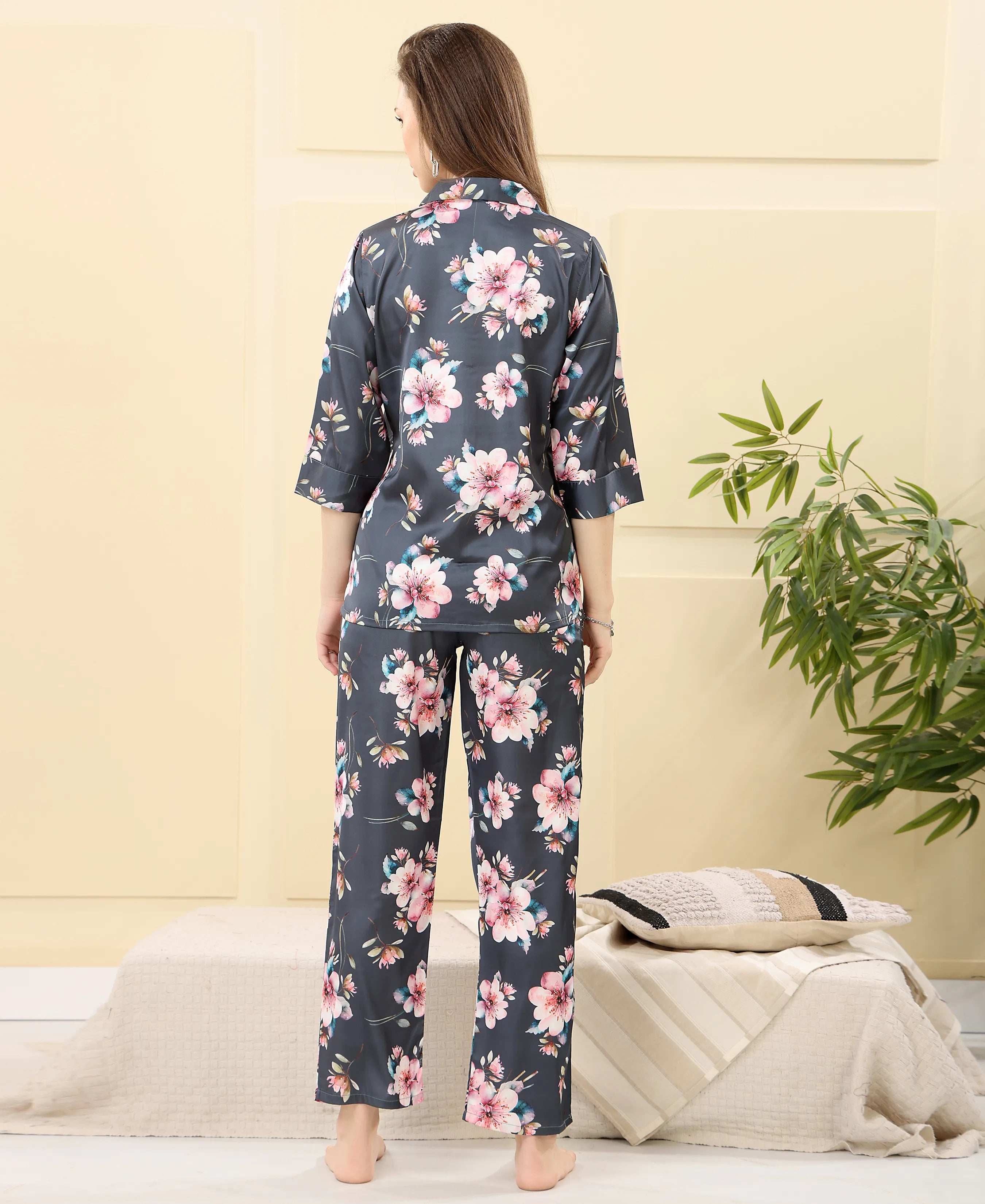 Velure Big Floral Printed Satin Night Suit - Velure - - 3/4 Sleeves, Collar Neck, Floral Print, Front Button Open, Full Length Pant, Satin