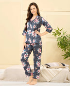 Velure Big Floral Printed Satin Night Suit - Velure - - 3/4 Sleeves, Collar Neck, Floral Print, Front Button Open, Full Length Pant, Satin