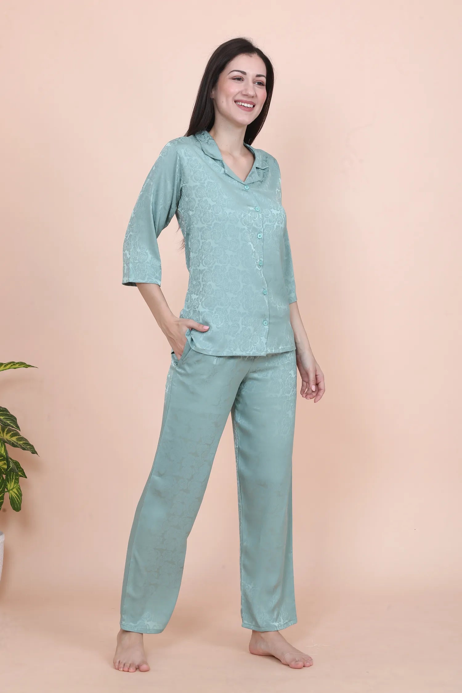 Velure Luxurious Rose Print Satin Night Suit