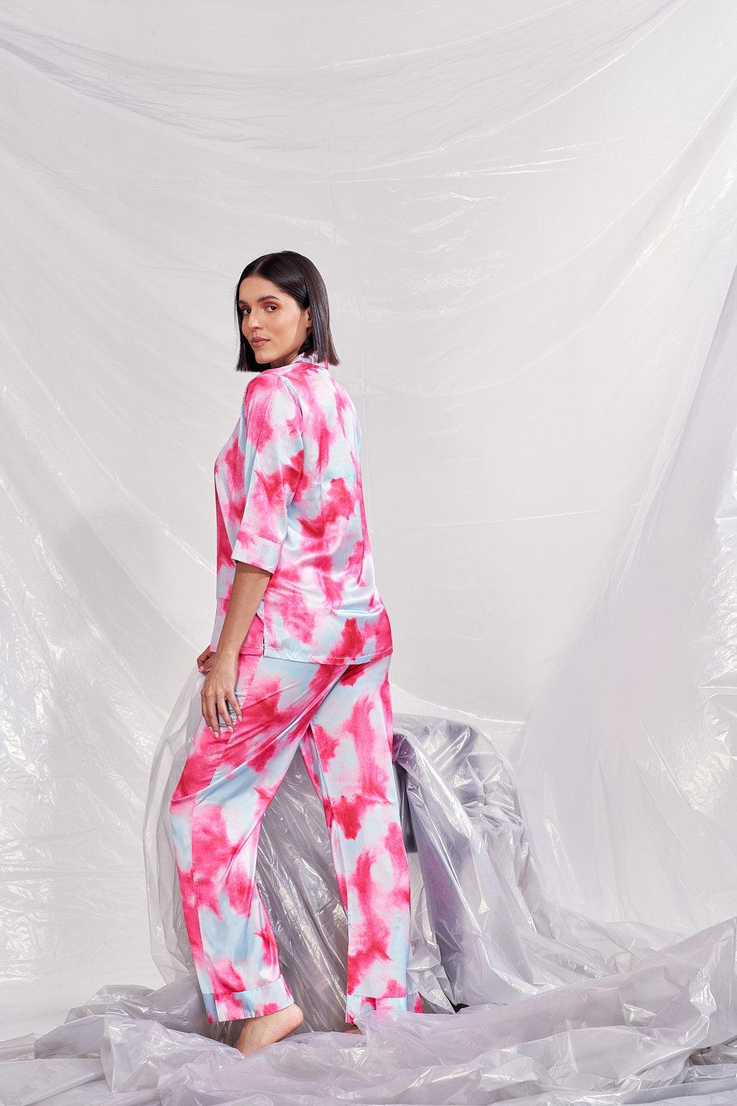 Velure Tie Dye Pink Satin Co-ord Set - Velure - Shirt and Pant - Collar Neck, Front Button Open, Full Length Pants, Satin