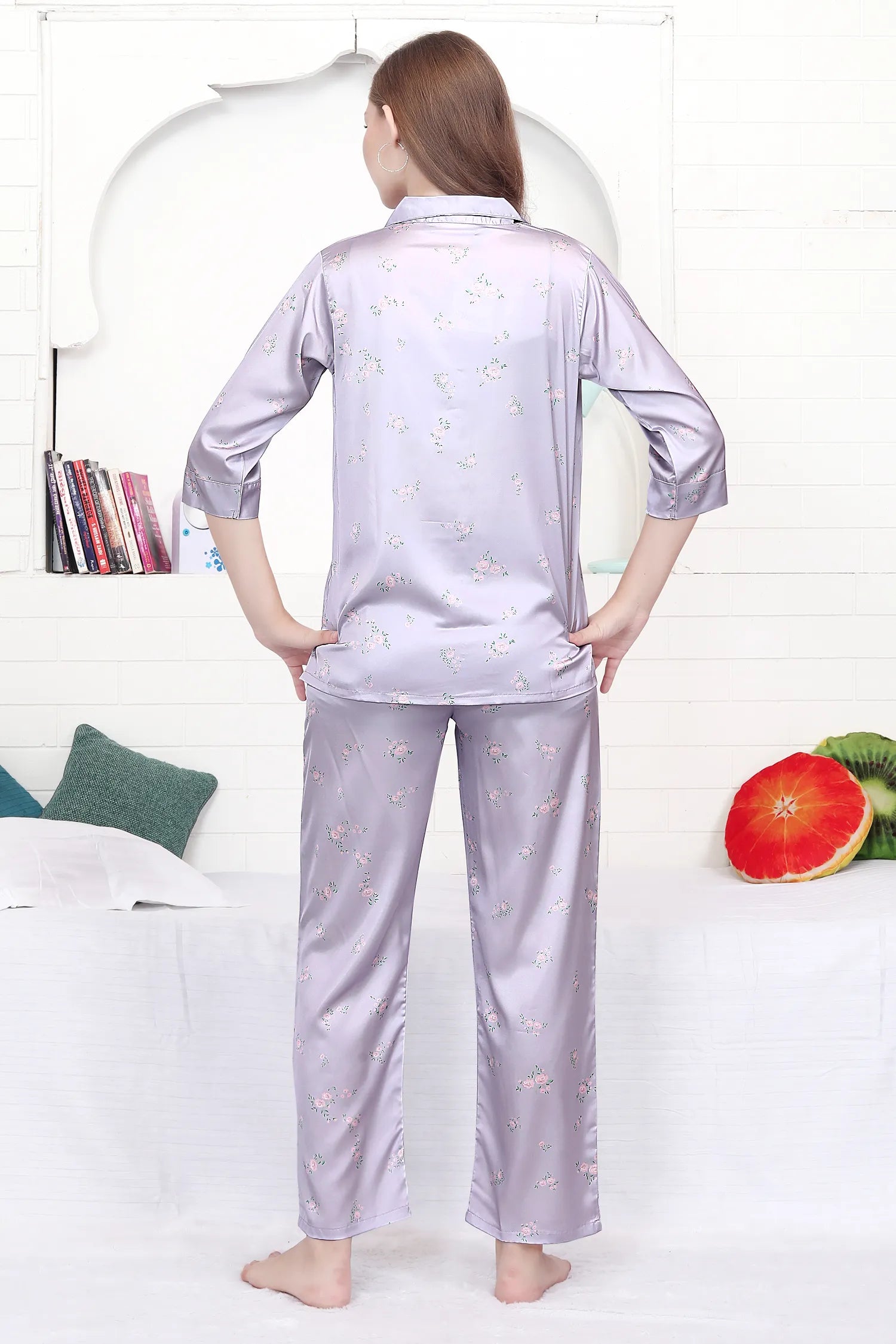 Velure Trendy Lavender Floral Print Satin Night Suit