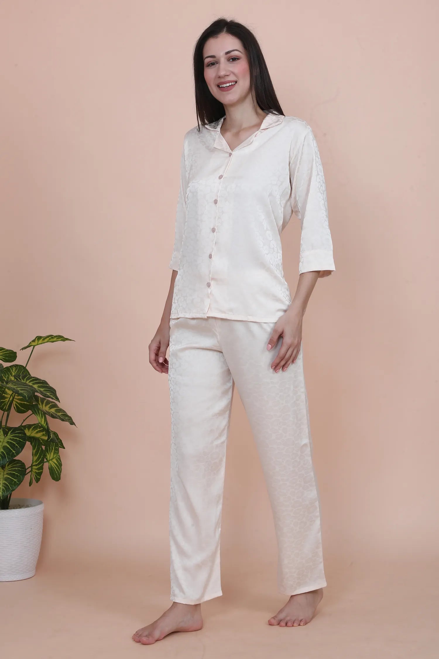 Velure Glossy Floral Print Satin Night Suit - Velure - - 3/4 Sleeves, Collar Neck, Front Button Open, Full Length Pant, Printed, Satin