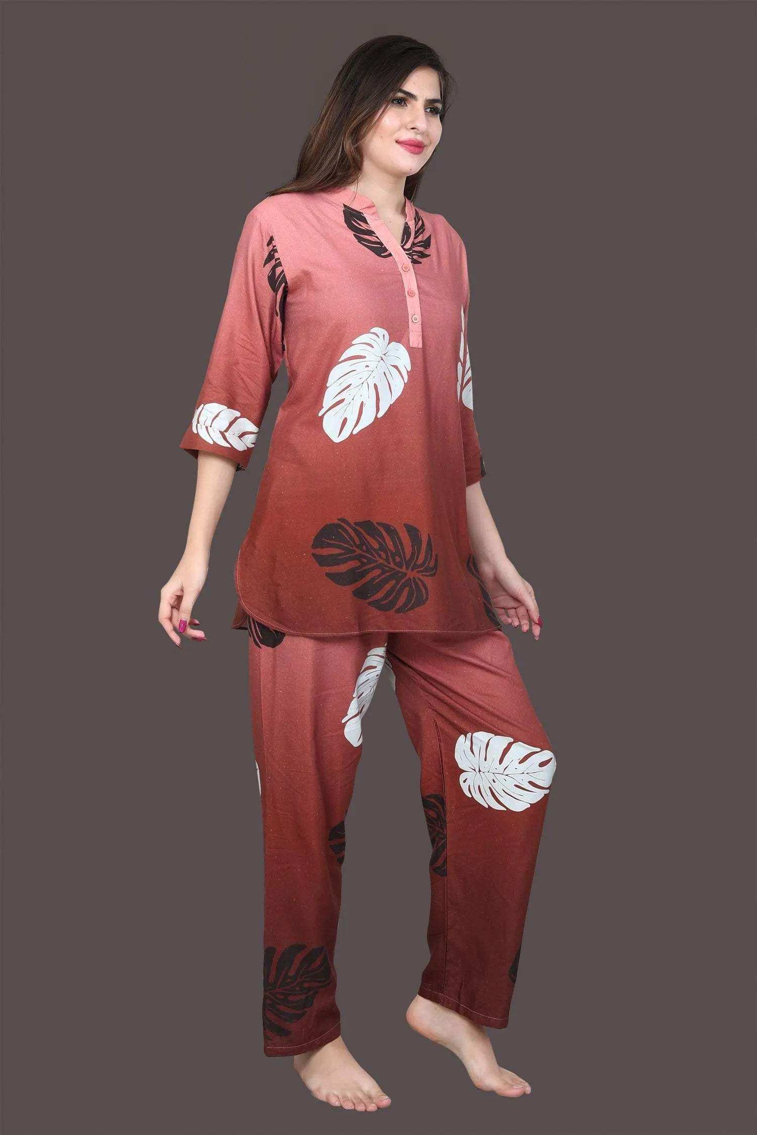 Velure Ethnic Leaf Print Kurti Style Night Suit - Velure - - 3/4 Sleeves, Collar Neck, Full Length Pant, Linen, Printed