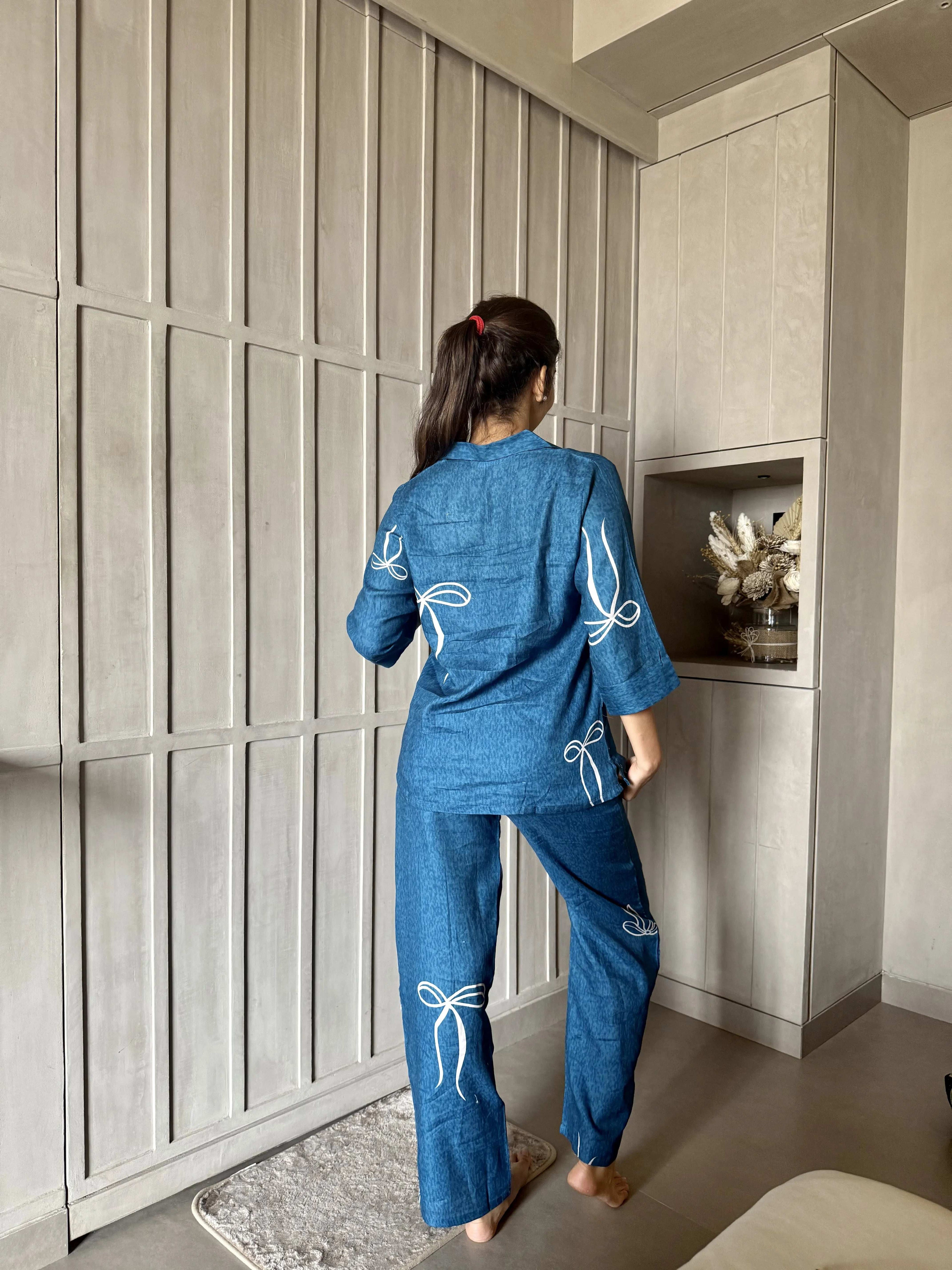 Velure Charming Bow Print Cotton Night Suit - Velure - - 3/4 Sleeves, Collar Neck, Cotton, Front Button Open, Full Length Pant