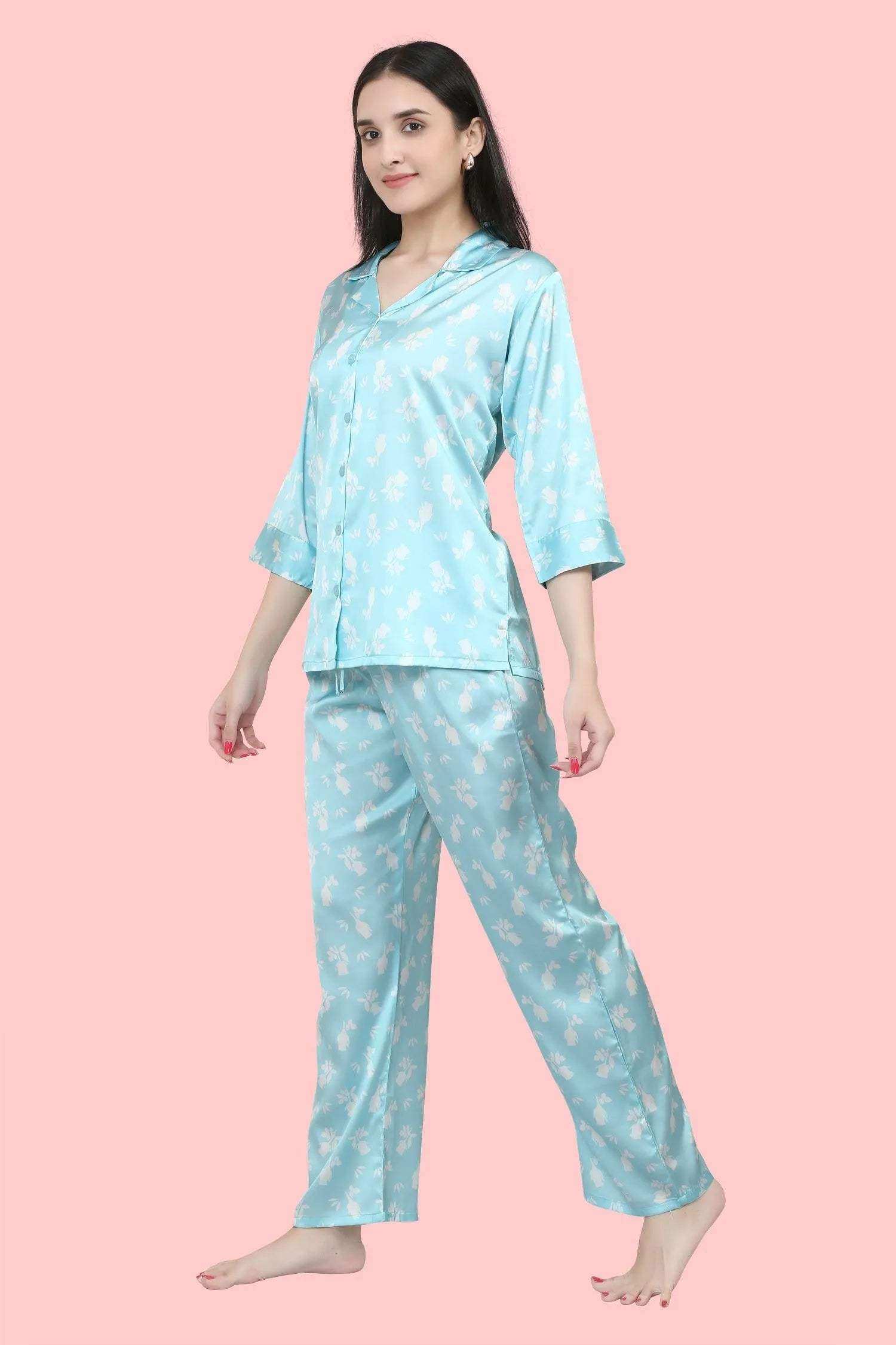 Velure White Rosesl Print Satin Night Suit - Velure - - 3/4 Sleeves, Collar Neck, Floral Print, Front Button Open, Full Length Pant