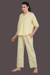 Velure Yellow Floral Print Night Suit - Velure - Long Top and Pant - 3/4 Sleeves, Floral Print, Full Length Pant, Linen