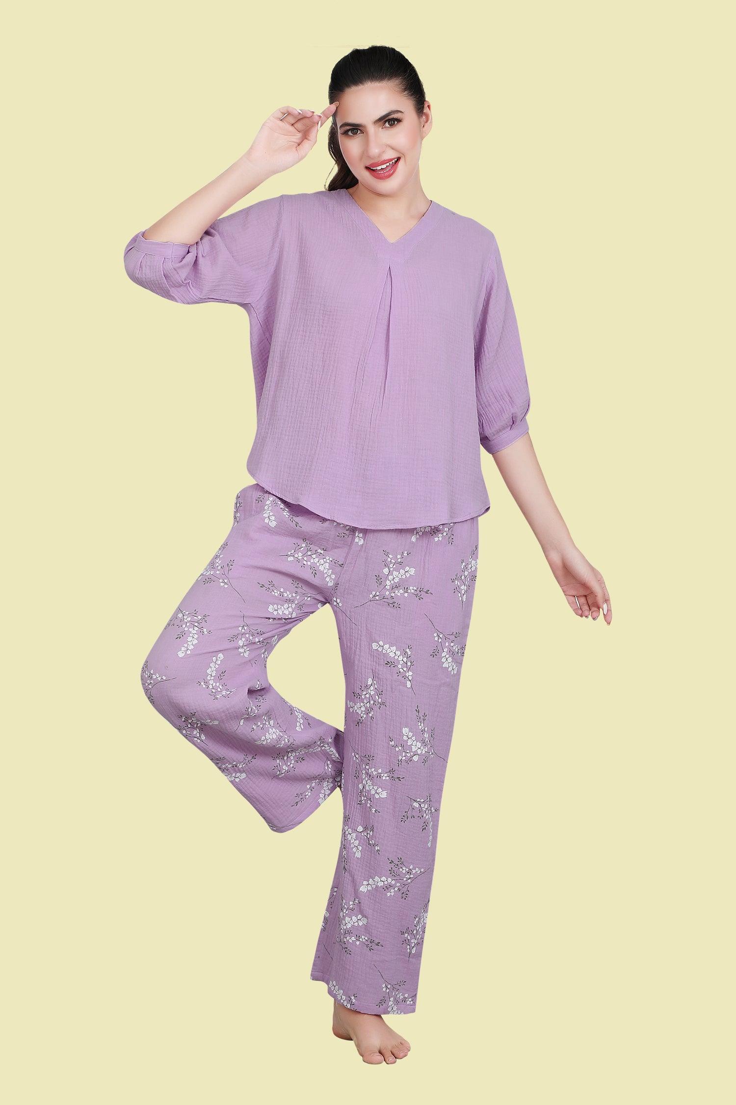 Velure Purple Floral Print Night Suit - Velure - Long Top and Pant - 3/4 Sleeves, Floral Print, Full Length Pant, Linen