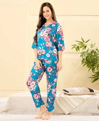 Velure Stunning Floral Print Satin Night Suit - Velure - - 3/4 Sleeves, Collar Neck, Floral Print, Front Button Open, Full Length Pant, Satin