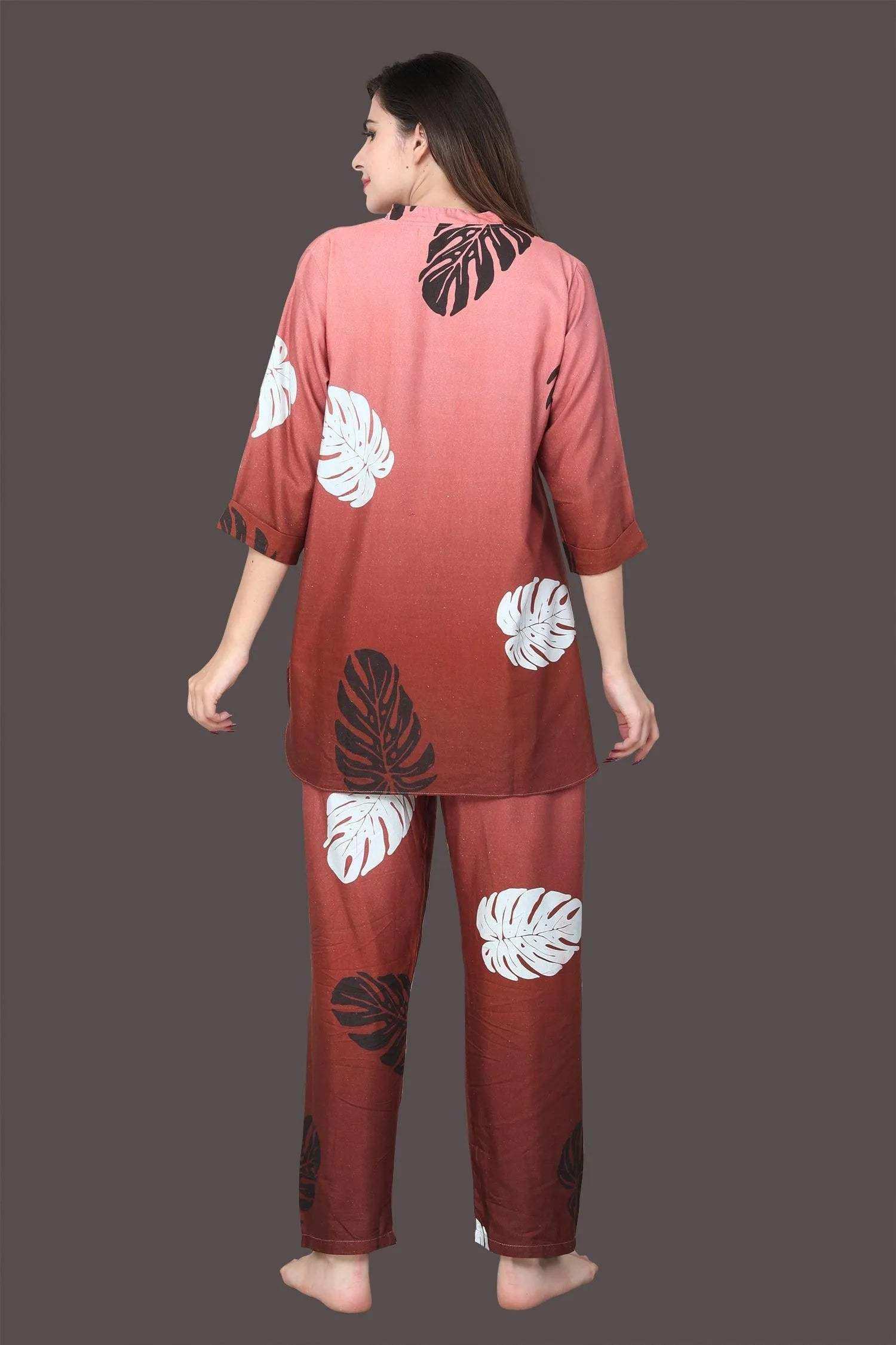 Velure Ethnic Leaf Print Kurti Style Night Suit - Velure - - 3/4 Sleeves, Collar Neck, Full Length Pant, Linen, Printed