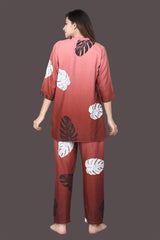 Velure Ethnic Leaf Print Kurti Style Night Suit - Velure - Long Top and Pant - 3/4 Sleeves, Collar Neck, Full Length Pant, Linen, Printed