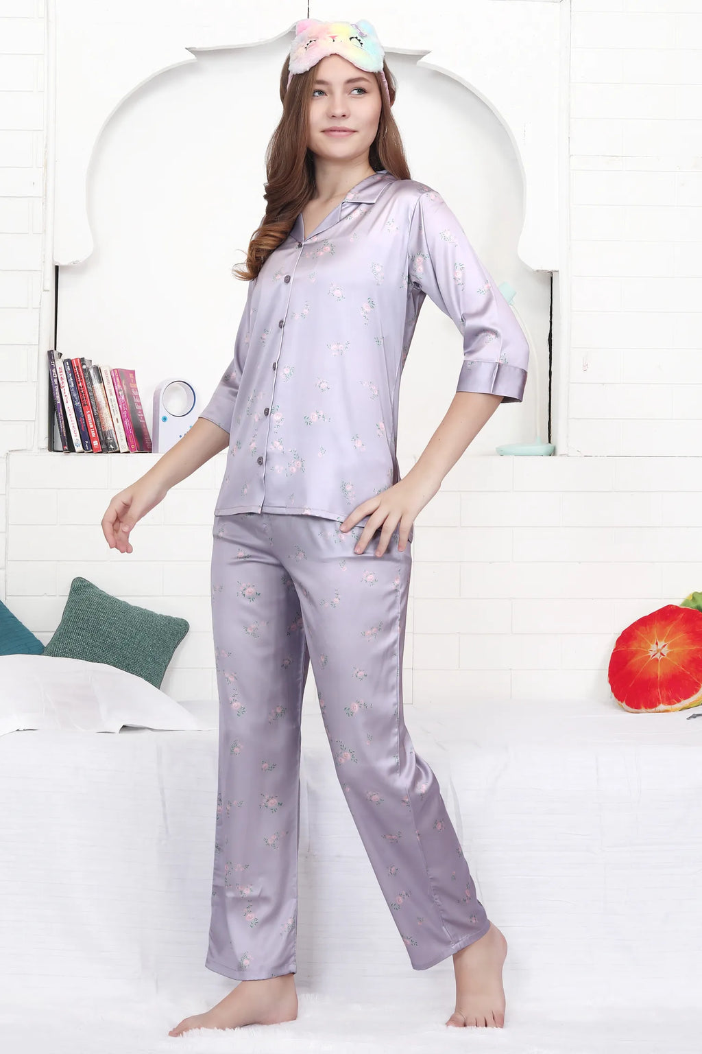 Velure Trendy Lavender Floral Print Satin Night Suit