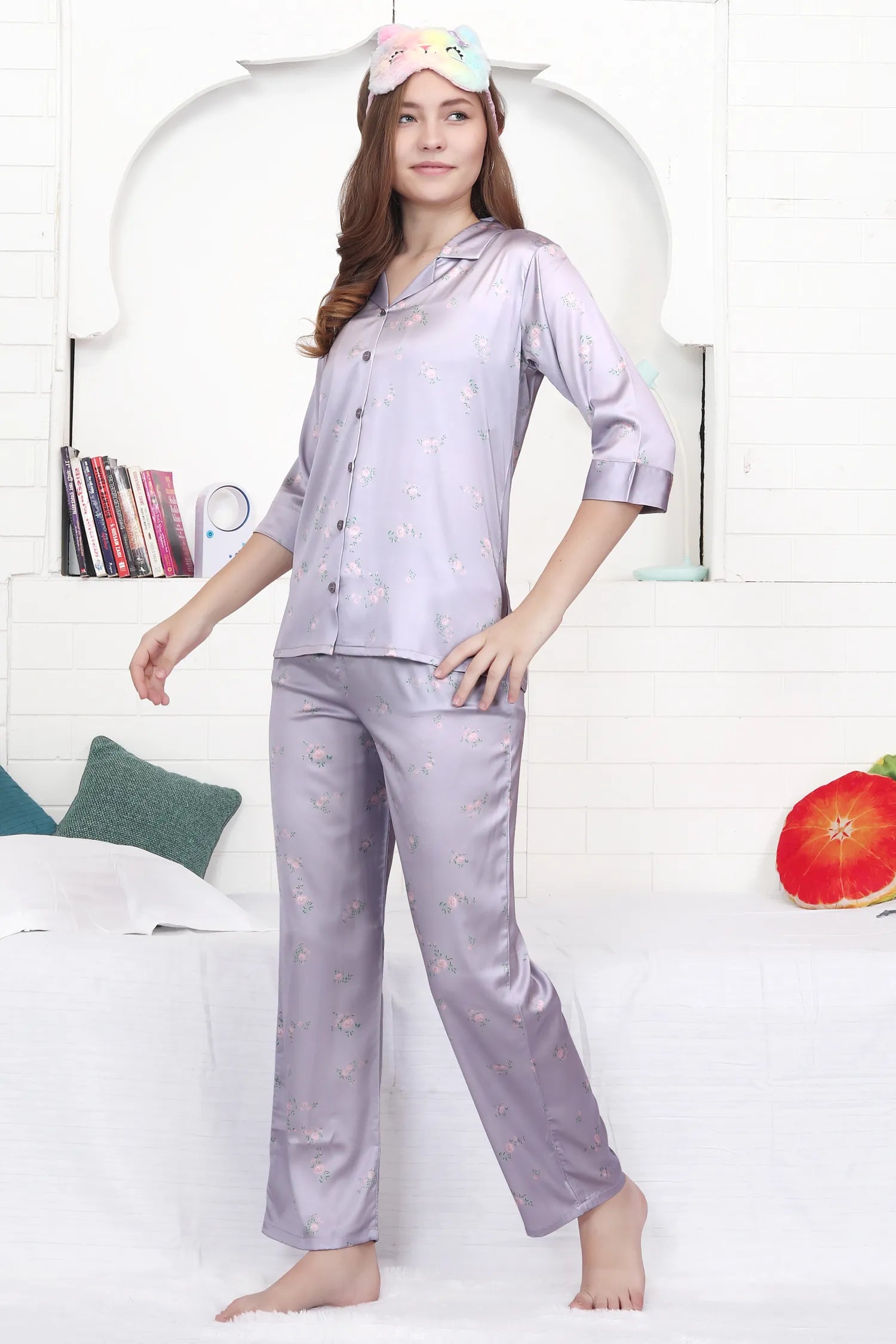 Velure Trendy Lavender Floral Print Satin Night Suit