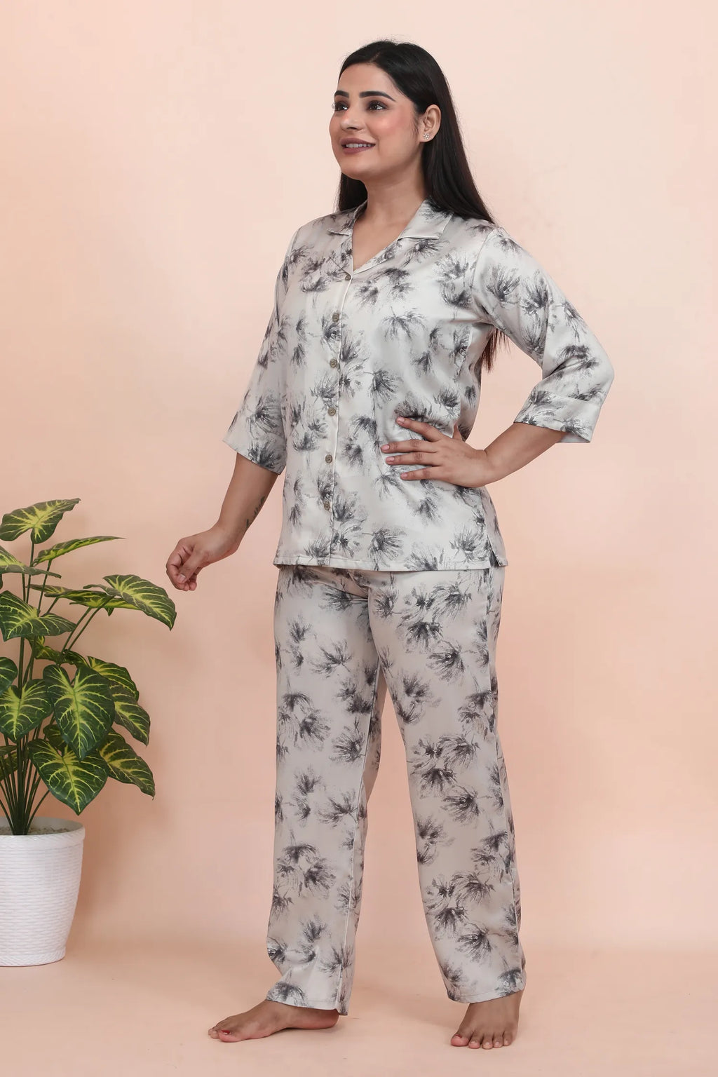 Velure Delightful Floral Print Satin Night Suit - Velure - - 3/4 Sleeves, Collar Neck, Floral Print, Front Button Open, Full Length Pant, Satin