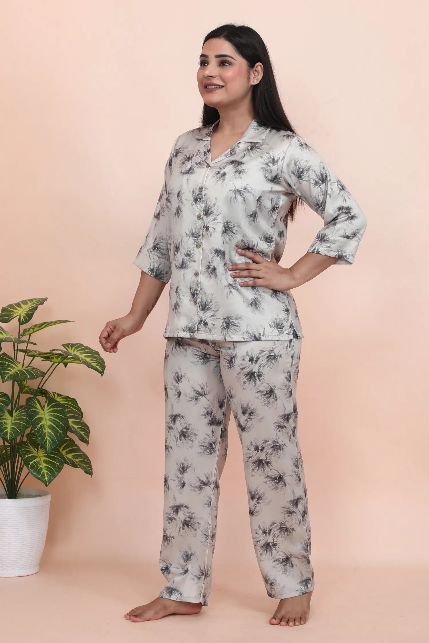 Velure Delightful Floral Print Satin Night Suit - Velure - - 3/4 Sleeves, Collar Neck, Floral Print, Front Button Open, Full Length Pant, Satin
