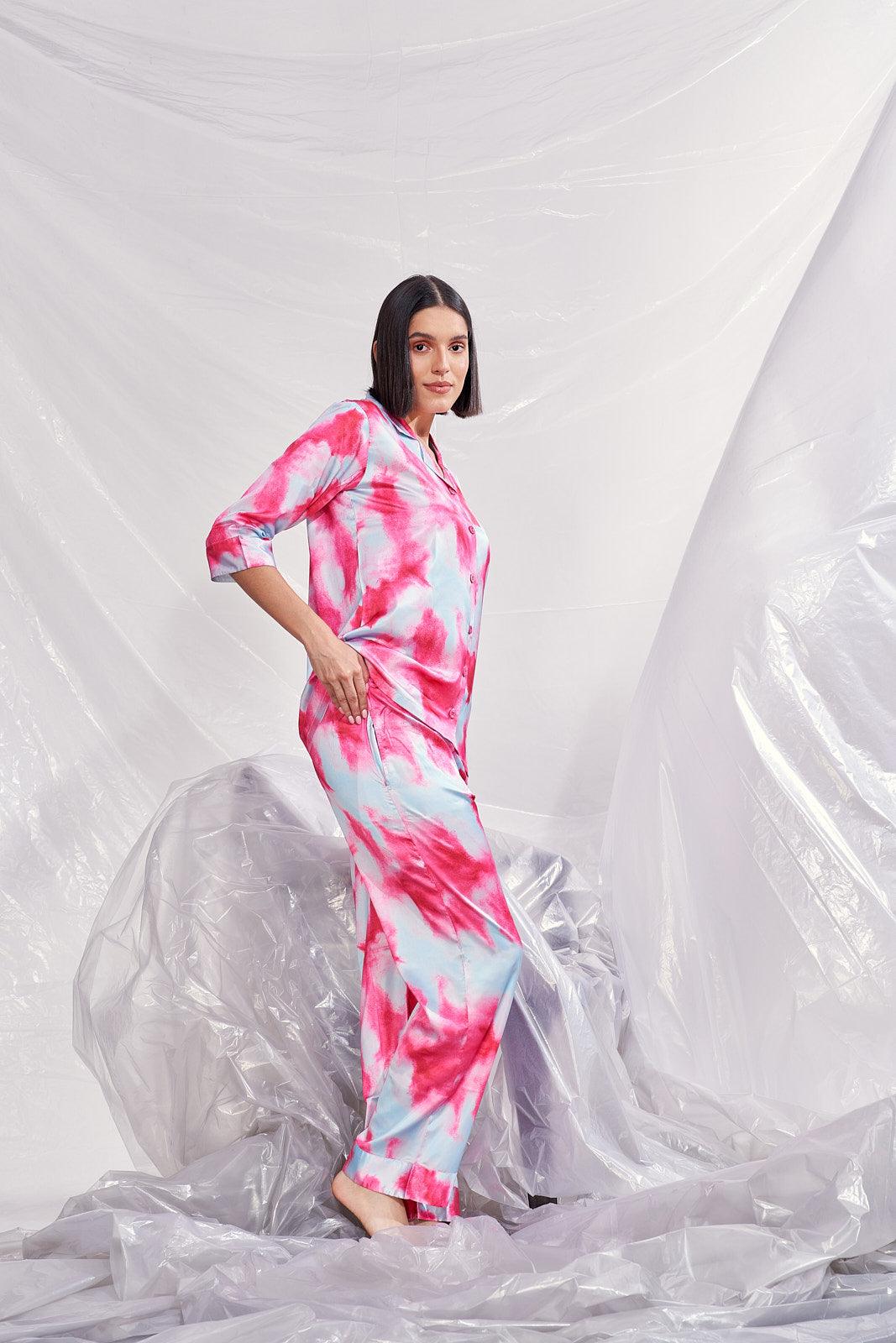 Velure Tie Dye Pink Satin Co-ord Set - Velure - Shirt and Pant - Collar Neck, Front Button Open, Full Length Pants, Satin