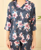 Velure Big Floral Printed Satin Night Suit - Velure - - 3/4 Sleeves, Collar Neck, Floral Print, Front Button Open, Full Length Pant, Satin