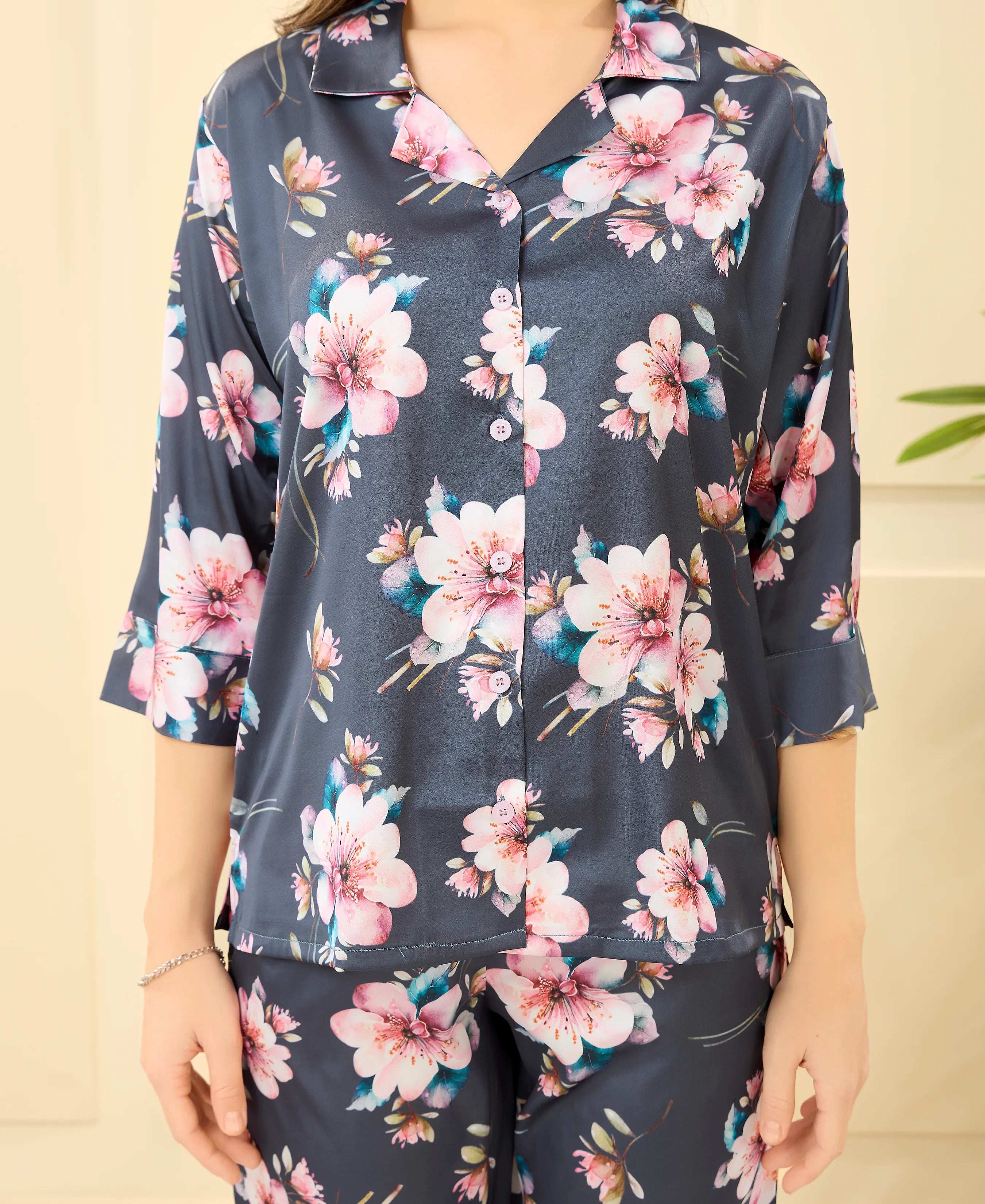 Velure Big Floral Printed Satin Night Suit - Velure - - 3/4 Sleeves, Collar Neck, Floral Print, Front Button Open, Full Length Pant, Satin