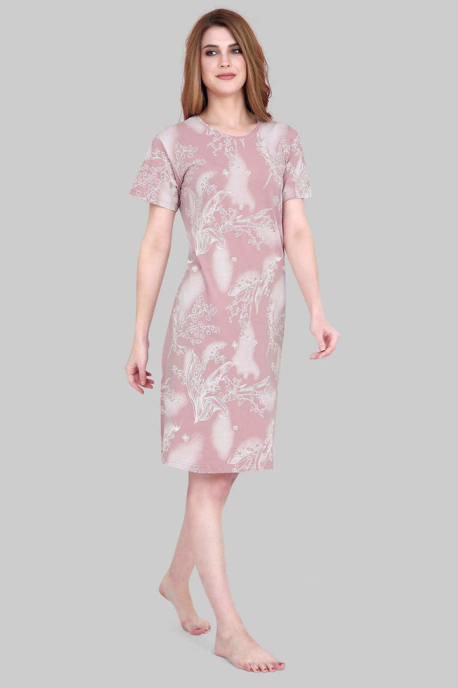 Velure Elegant Floral Print Short Nighty - Velure - - Cotton, Floral Print, Half Sleeves, Knee Length, Round neck