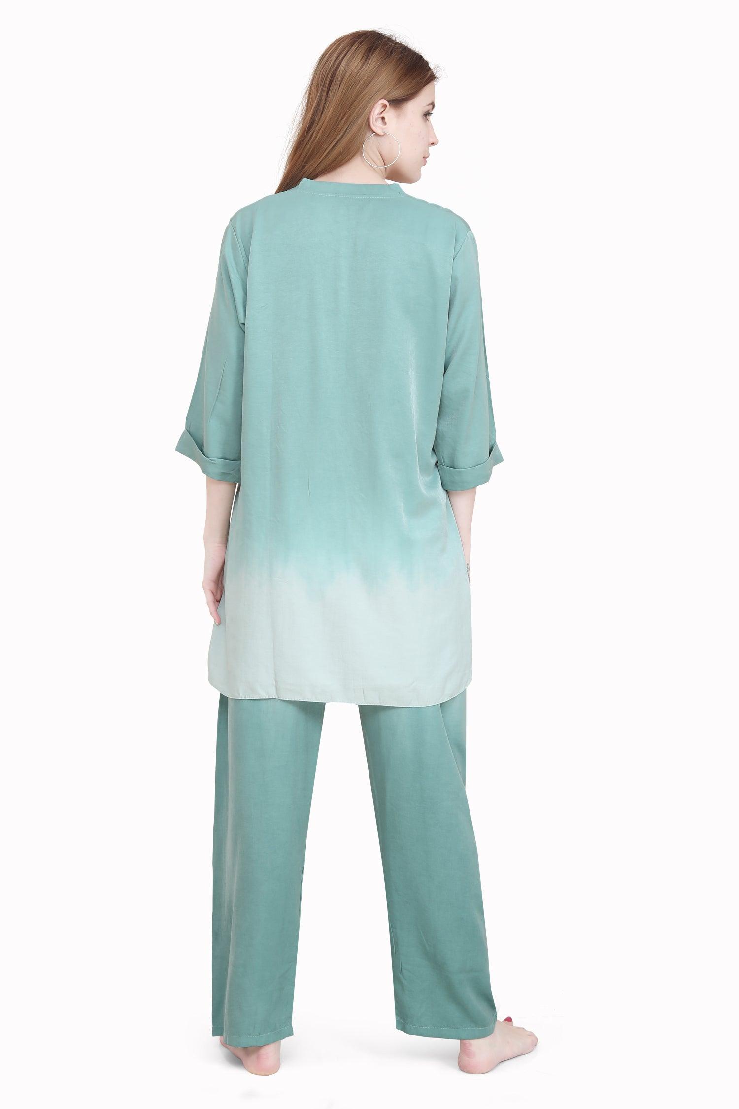 Velure Stunning Green Dual Shade Kurti Style Night Suit - Velure - Long Top and Pant - 3/4 Sleeves, Collar Neck, Cotton, Front Button Open, Full Length Pant