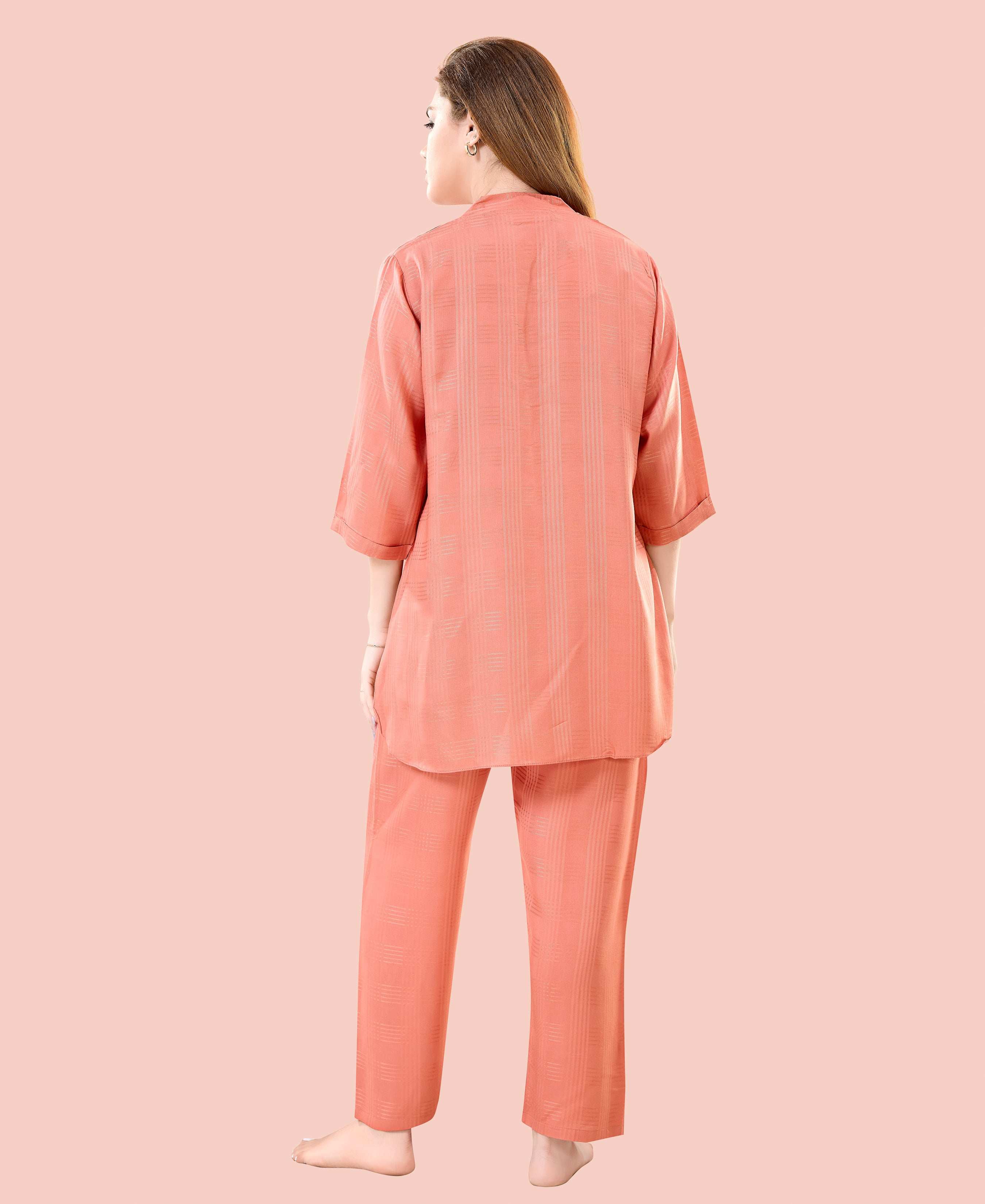 Velure Graceful Orange Kurti Style Night Suit - Velure - - 3/4 Sleeves, Collar Neck, Cotton, Front Button Open, Full Length Pant
