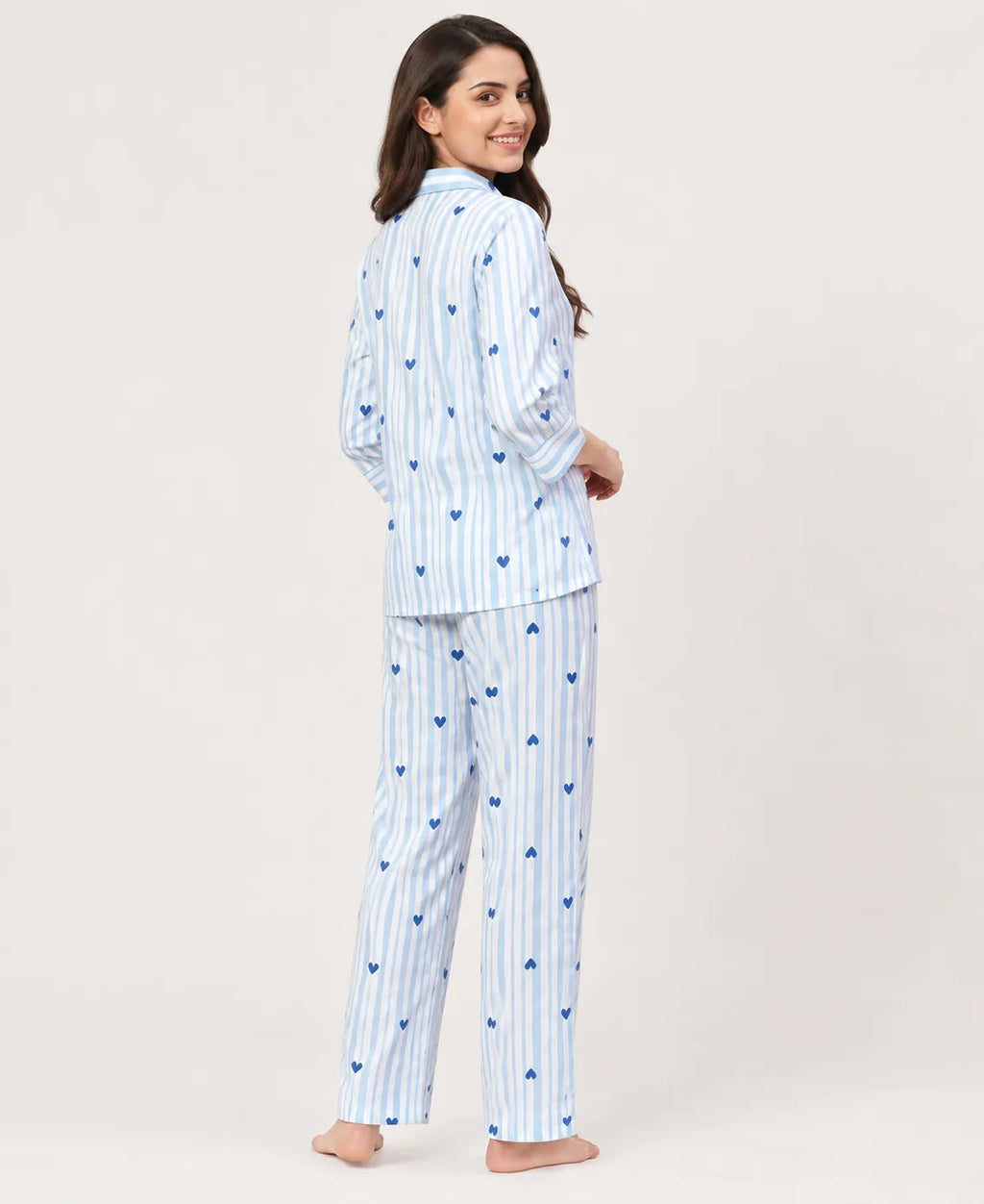 Velure Blue Heart Stripe Print  Night Suit