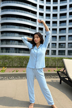 Velure Blue Cotton Grace 
Night Suit - Velure - - 3/4 Sleeves, Collar Neck, Cotton, Detail-scallop, Front Button Open, Full Length Pant