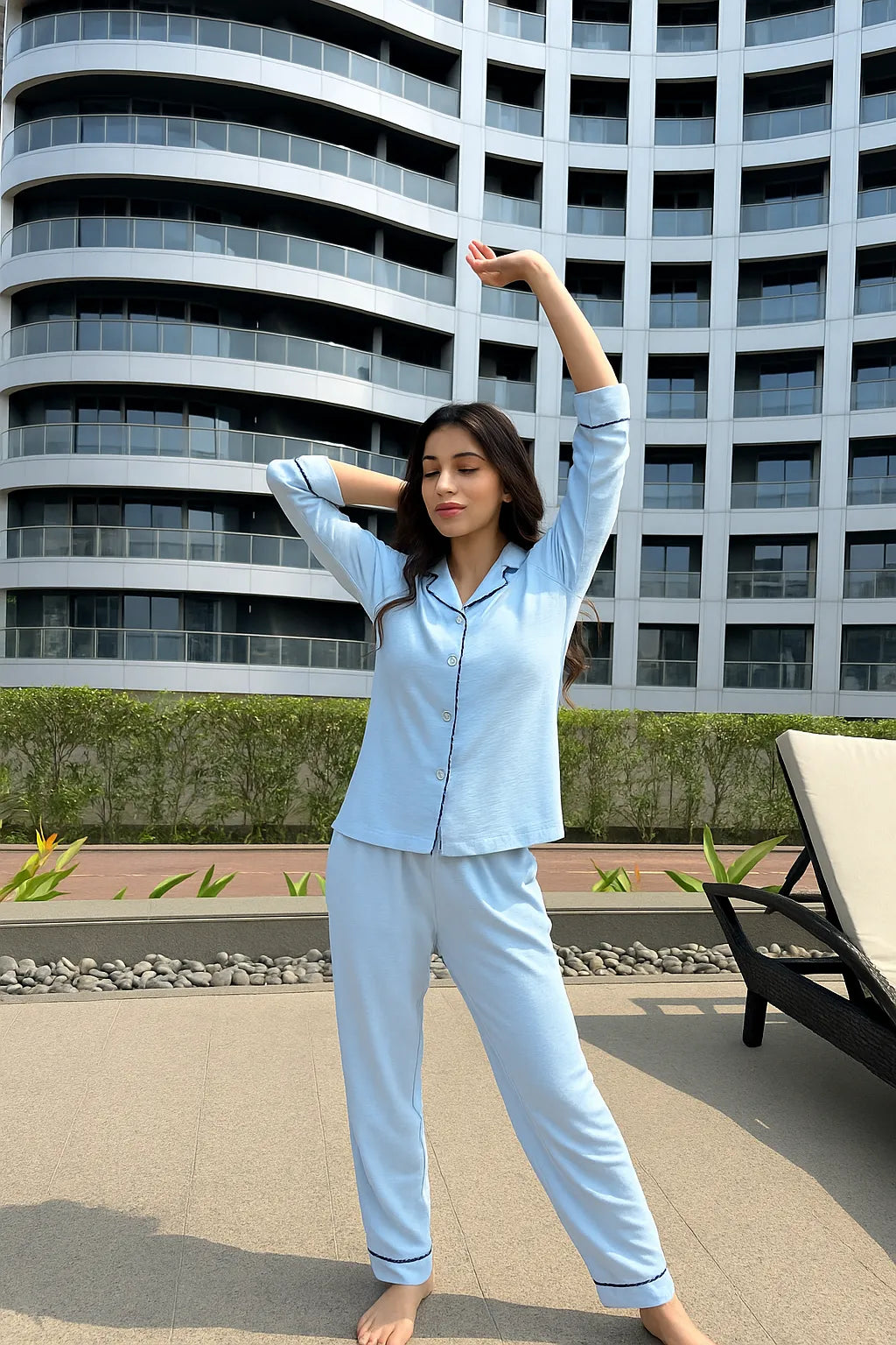 Velure Blue Cotton Grace 
Night Suit - Velure - - 3/4 Sleeves, Collar Neck, Cotton, Detail-scallop, Front Button Open, Full Length Pant