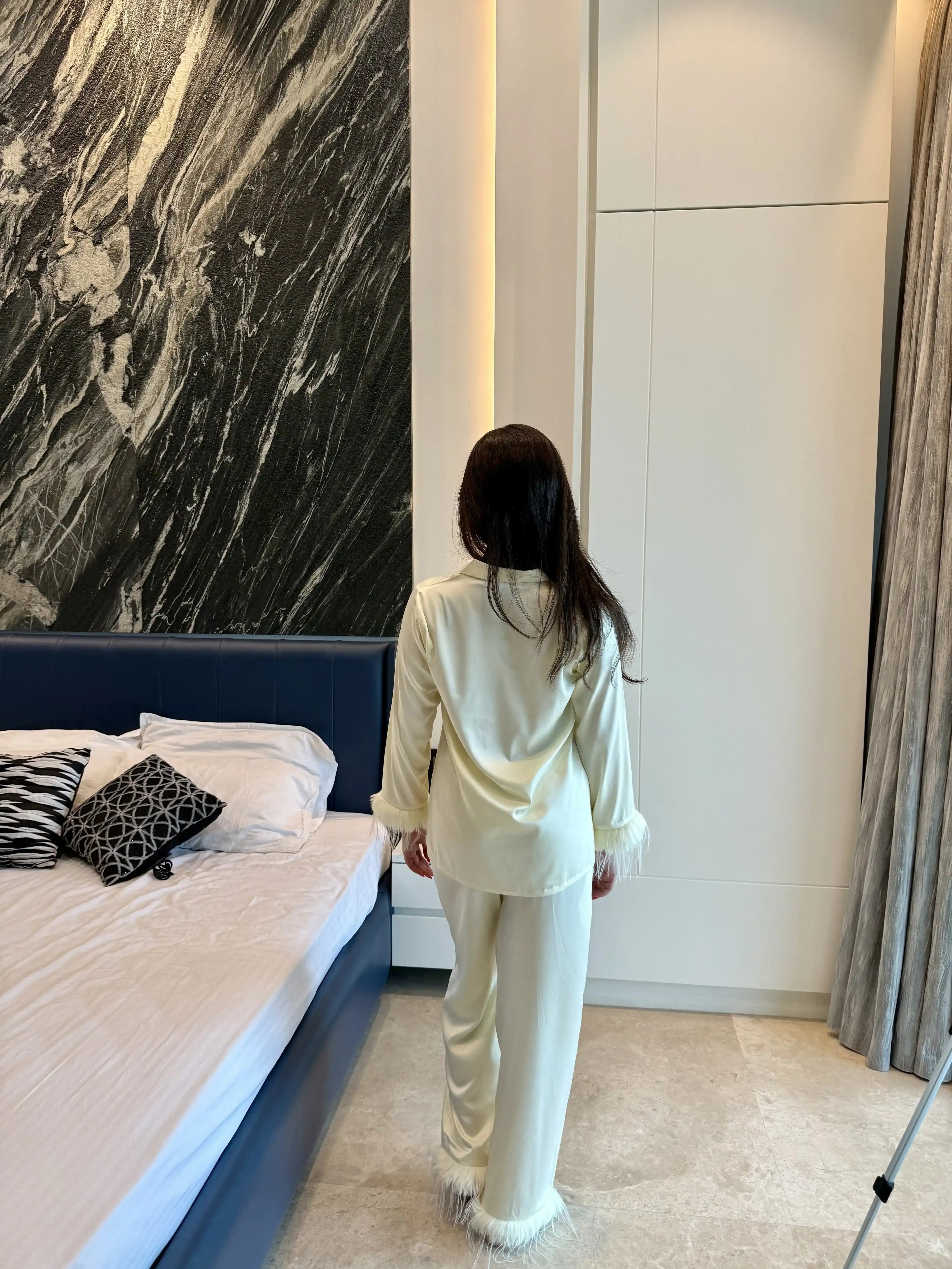 Velure Cheerful Fur Satin Night Suit - Velure - Shirt and Pant - 3/4 Sleeves, Collar Neck, Detail-plainfur, Front Button Open, Full Length Pant, Satin