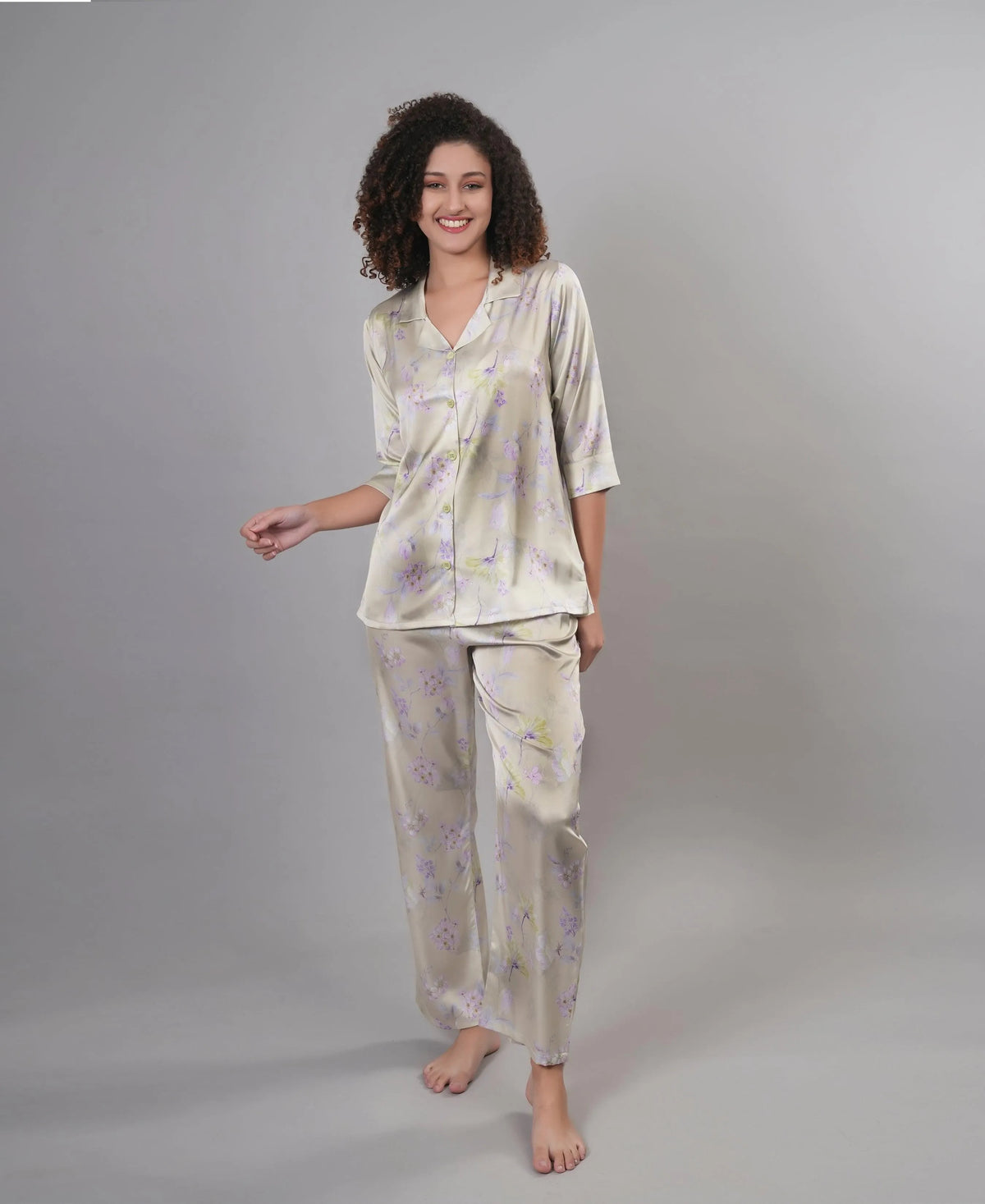 Velure Frenzy Floral Print Satin Night Suit - Velure, Shirt and Pant, Enhance your style with this ultra-comfortable, stunning Velure Frenzy Floral Print Satin Night Suit. Made from smooth satin fabric, known for its luxurious softness and unmatched comfort, this suit features a beautiful print pattern that brings joy. The set includes a shirt with full sleeves and full-length pants with an elastic waistband for an ideal fit. Prepare for a peaceful slumber and sweet dreams!