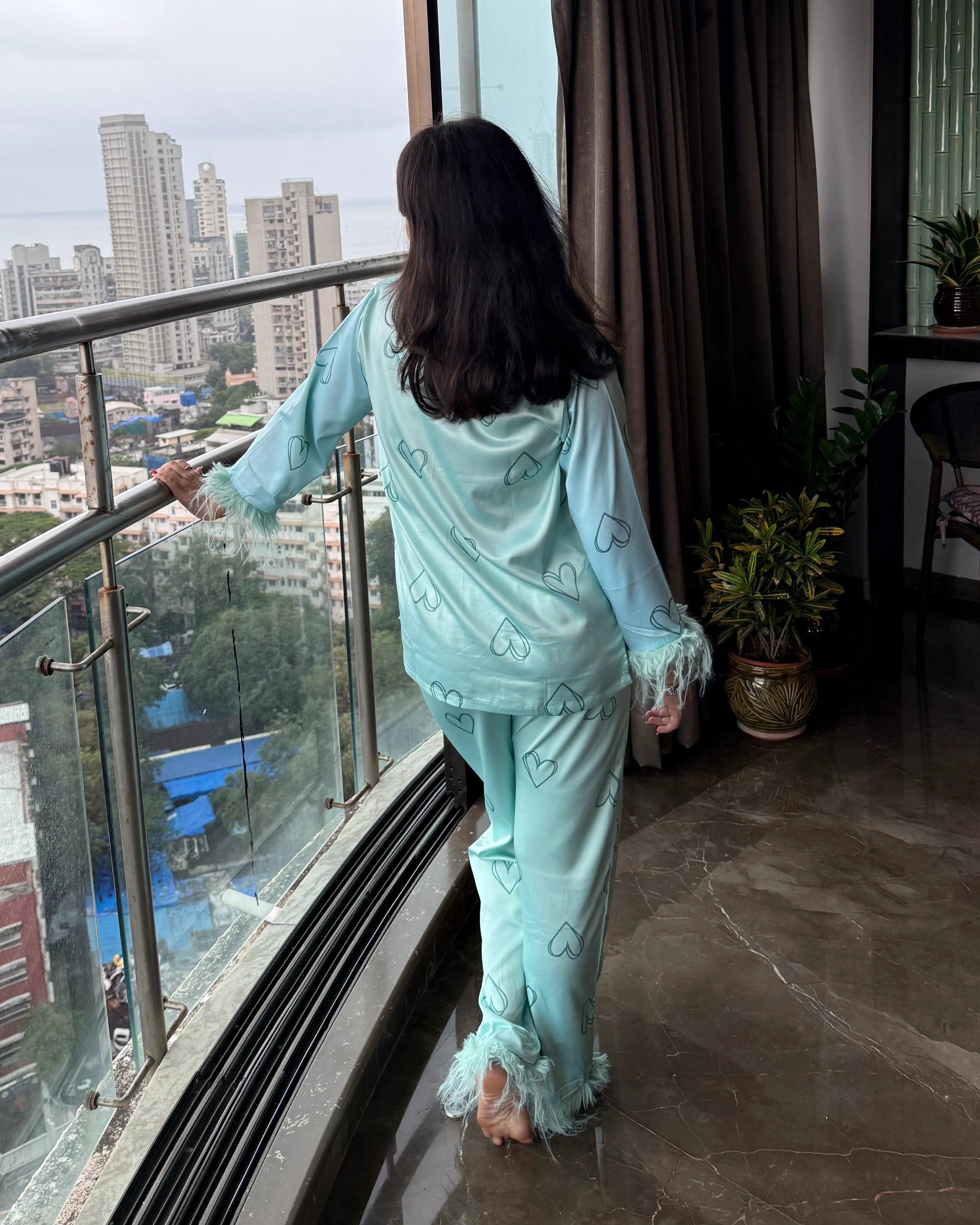 Velure Soothing Green Heart Fur Satin Sleepwear Set