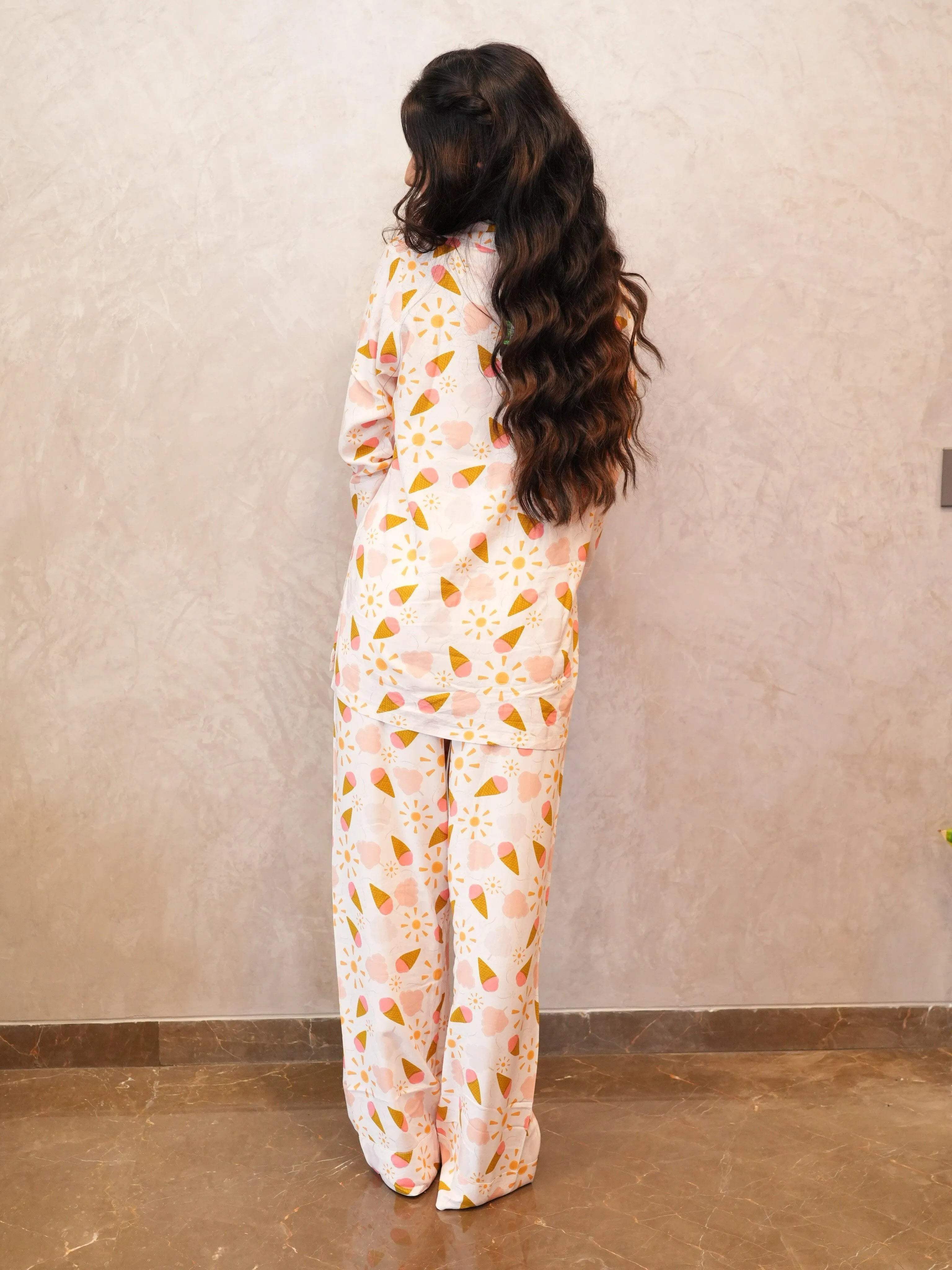 Ice-Cream Night Suit - Velure - Shirt and Pant - 3/4 Sleeves, Collar Neck, Cotton, Front Button Open, Full Length Pant, Printed