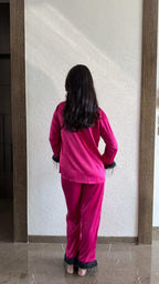 Velure Sparkling Rose Pink Fur Satin Night Suit - Velure - - Collar Neck, Detail-plainfur, Front Button Open, Full Length Pant, Full Sleeves, Fur, Satin