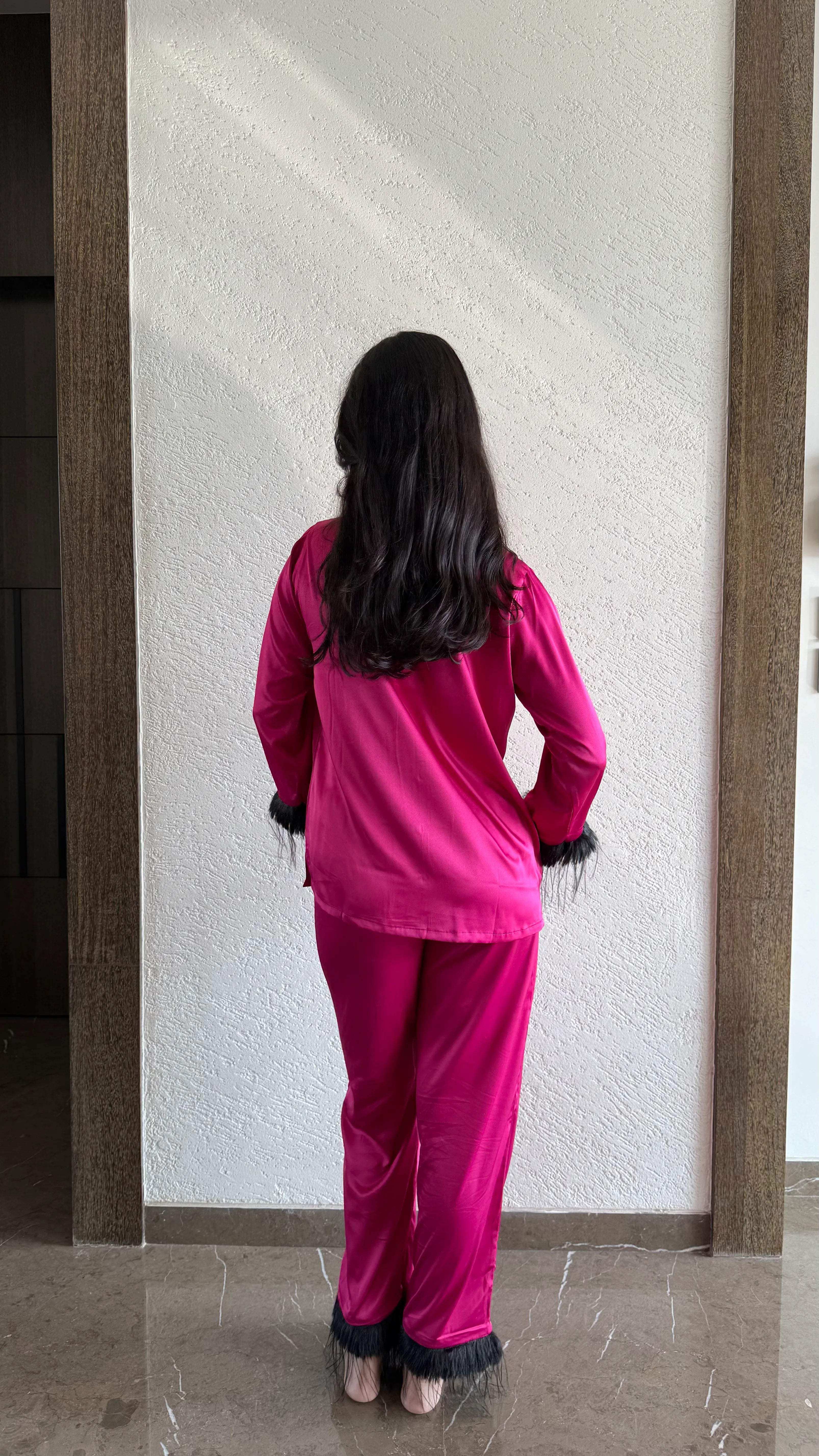 Velure Sparkling Rose Pink Fur Satin Night Suit - Velure - - Collar Neck, Detail-plainfur, Front Button Open, Full Length Pant, Full Sleeves, Fur, Satin