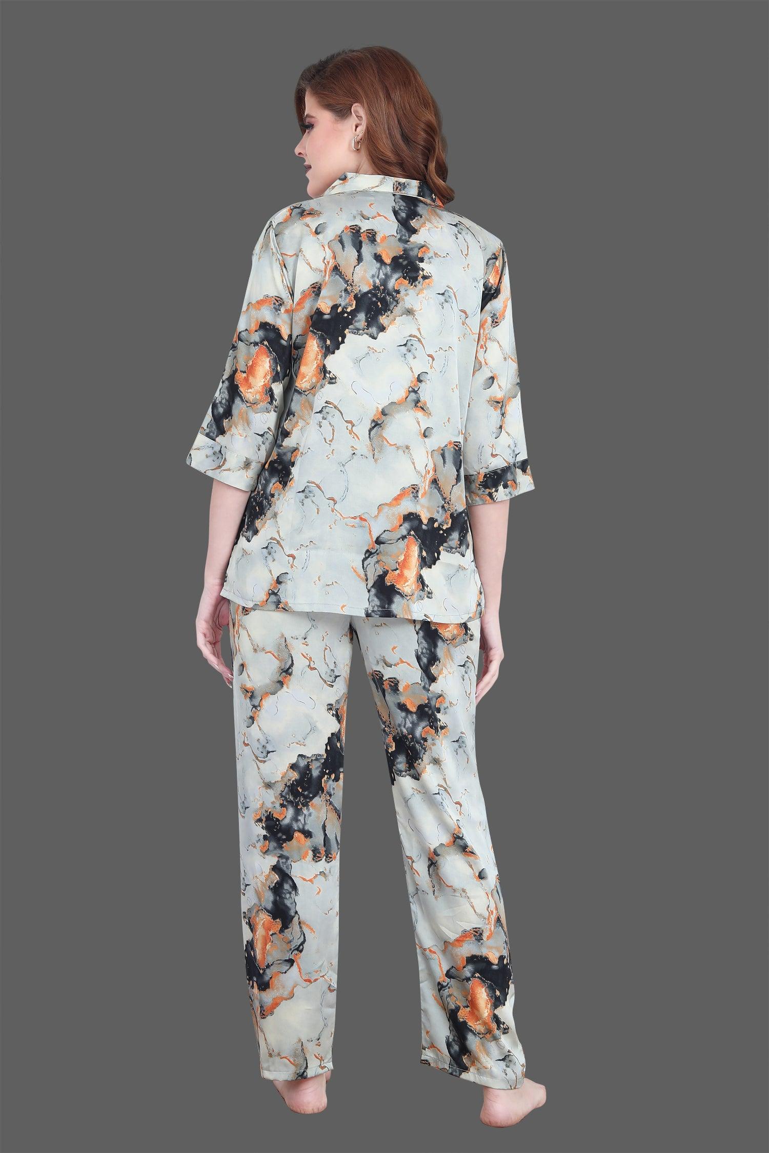 Velure Stunning Multi-Color Satin Print Night Suit - Velure - Shirt and Pant - 3/4 Sleeves, Abstract Print, Front Button Open, Full Length Pant, Satin