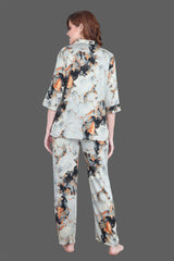 Velure Stunning Multi-Color Satin Print Night Suit - Velure - Shirt and Pant - 3/4 Sleeves, Abstract Print, Front Button Open, Full Length Pant, Satin