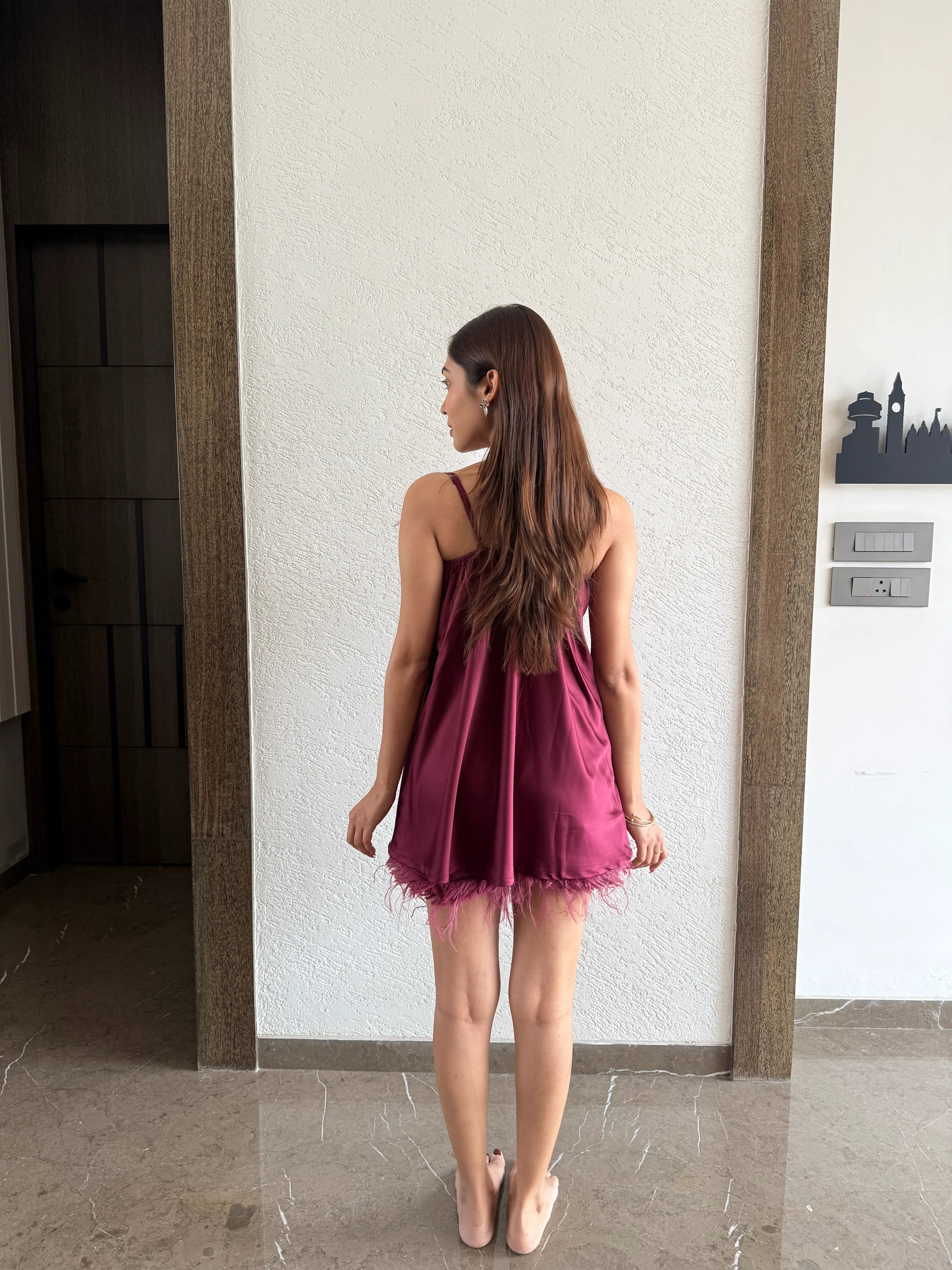 Velure Feathery Maroon Spaghetti Shorts Set