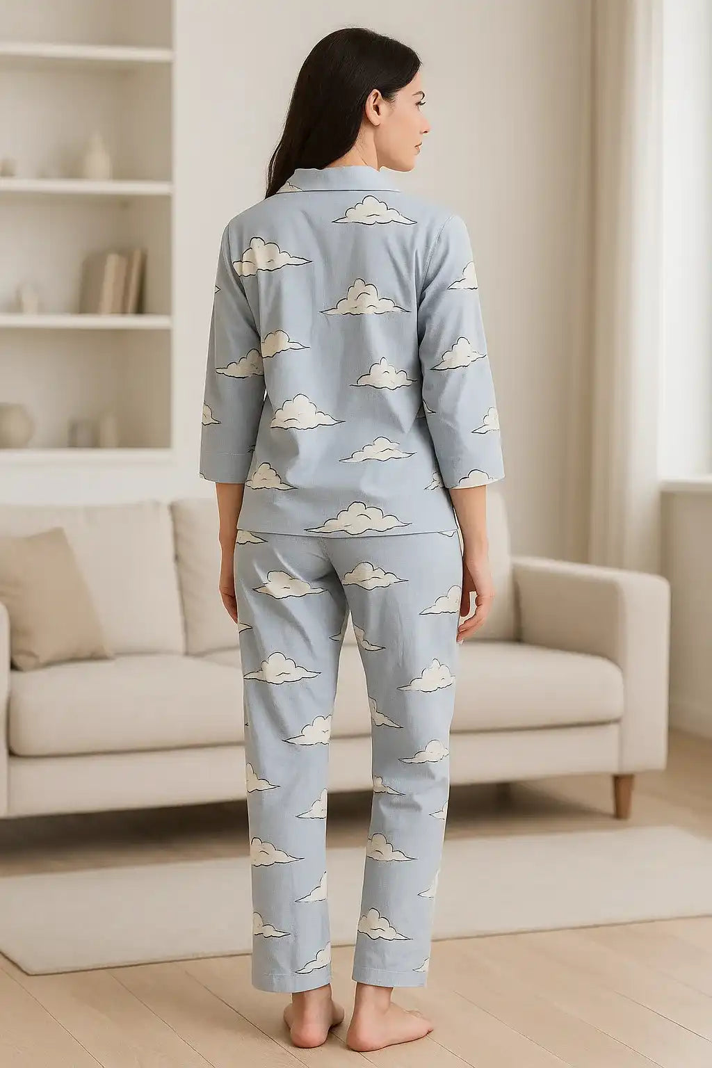 Velure Classic Grey Cloud Print Cotton Night Suit