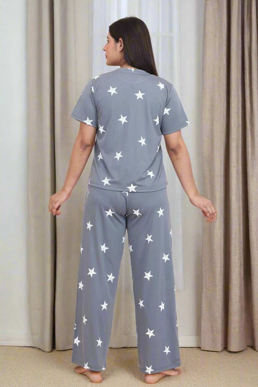 Velure Shiny Star Print Palazzo Night Suit - Velure - - Cotton Lycra Fabric, Full Length Pant, Half Sleeves, Round neck