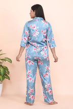 Velure Classic Elegant Floral Print Night Suit - Velure - - 3/4 Sleeves, Collar Neck, Floral Print, Front Button Open, Full Length Pant, Satin