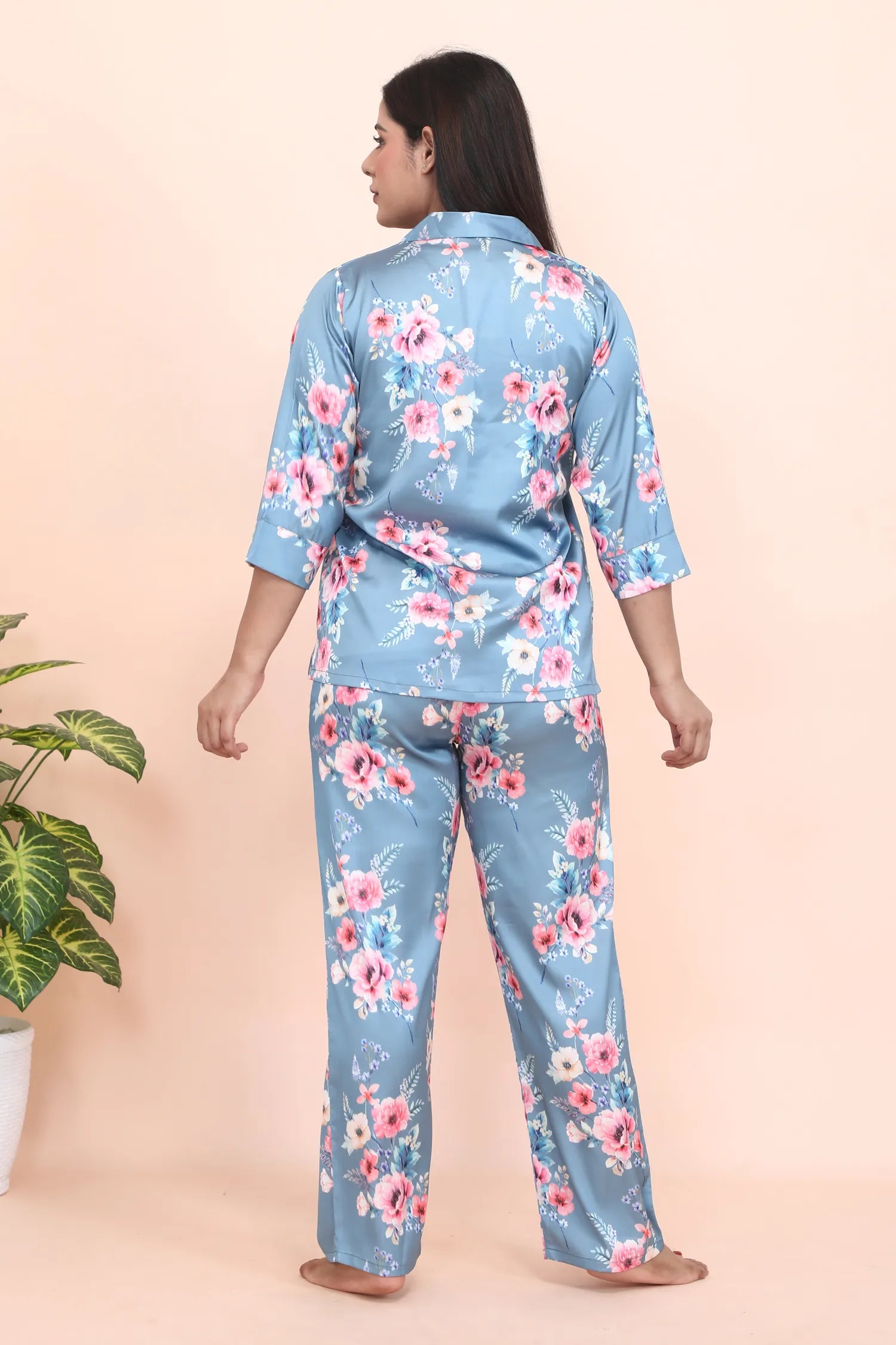 Velure Classic Elegant Floral Print Night Suit - Velure - - 3/4 Sleeves, Collar Neck, Floral Print, Front Button Open, Full Length Pant, Satin