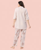 Velure Grace Floral Print Kurti Style Night Suit - Velure - - 3/4 Sleeves, Collar Neck, Full Length Pant, Linen, Printed