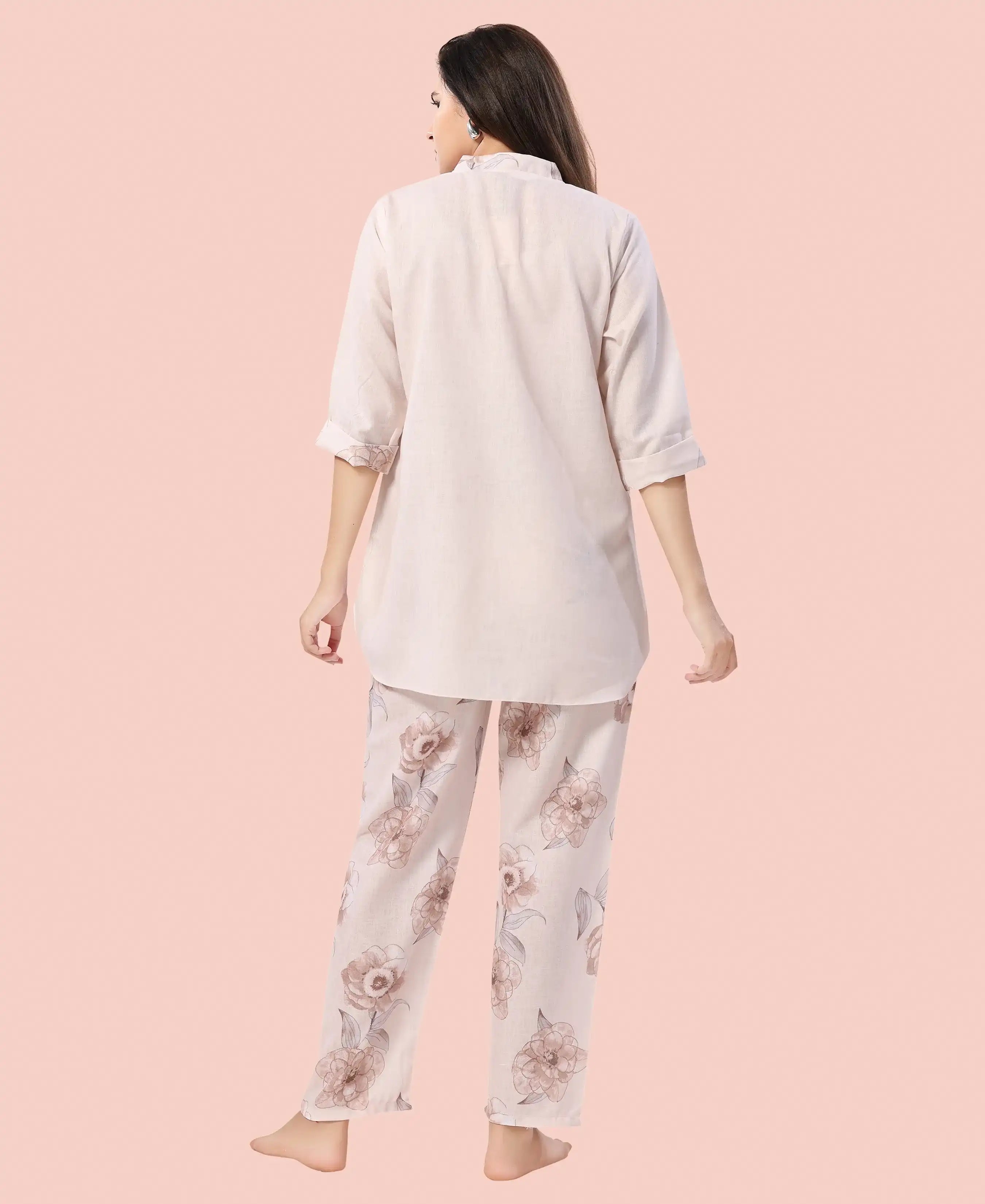 Velure Grace Floral Print Kurti Style Night Suit - Velure - - 3/4 Sleeves, Collar Neck, Full Length Pant, Linen, Printed