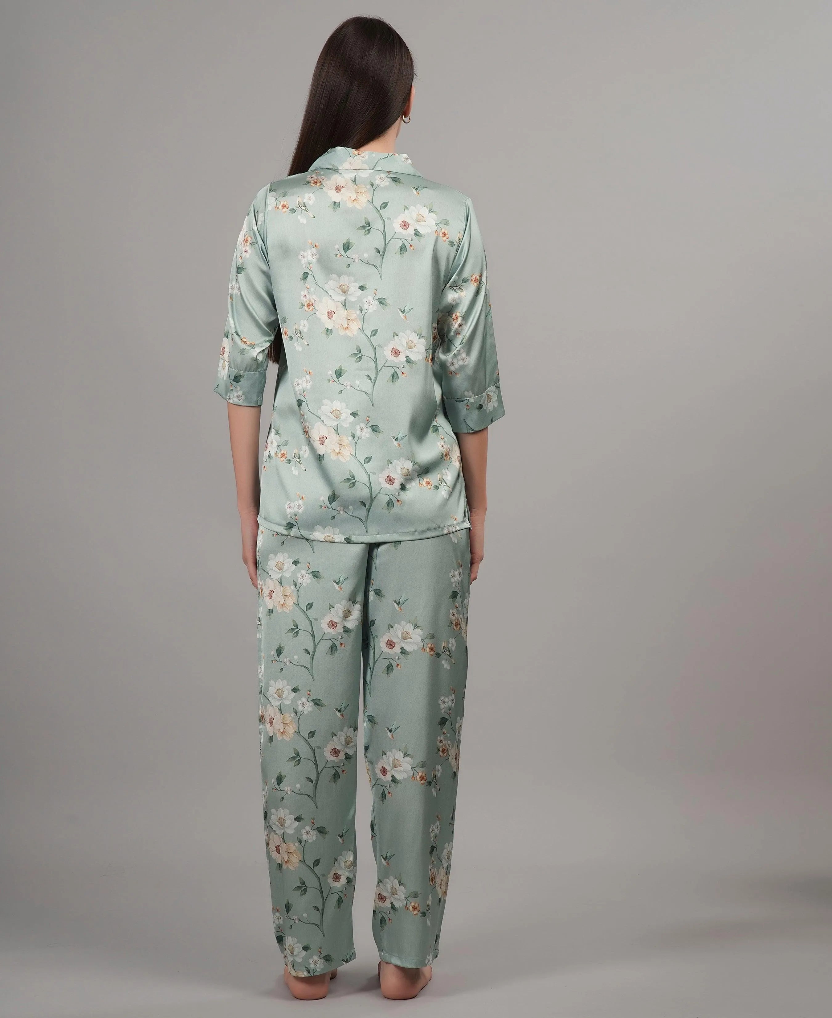 Velure Vintage Flowery Satin Print Night Suit - Velure, Shirt and Pant, Pump up your style quotient with this utmost comfort with this awesome Velure's Vintage Flowery Satin Night Suit. Beautifully crafted soft satin fabric for luxurious softness and unmatched ease of wear, its print pattern makes it a joy to be in. The suit includes a shirt with full sleeves and full-length pants with an elastic waistband for a comfortable fit. Get ready for some deep sleep and the sweetest of dreams!