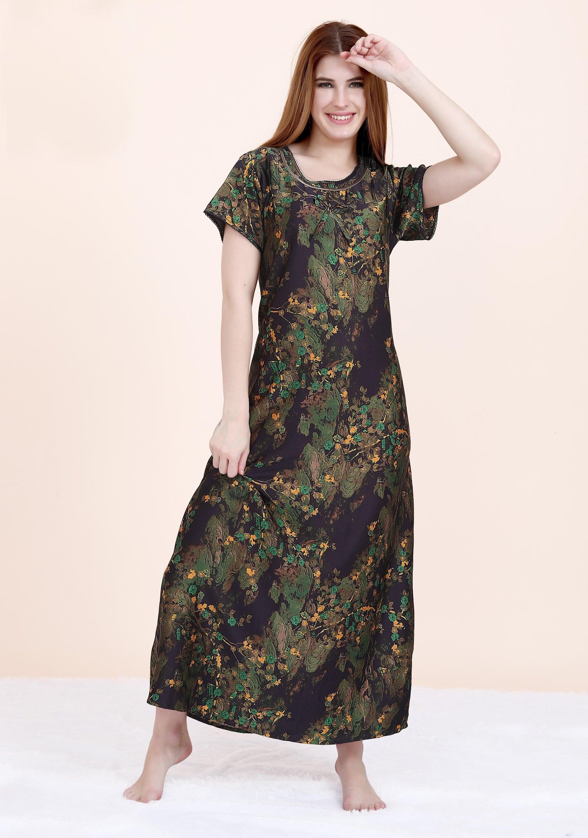 Velure Fusion Satin Nighty - Velure - Nighty - Floral Print, Full Length Nighty, Half Sleeves Nighty, Satin