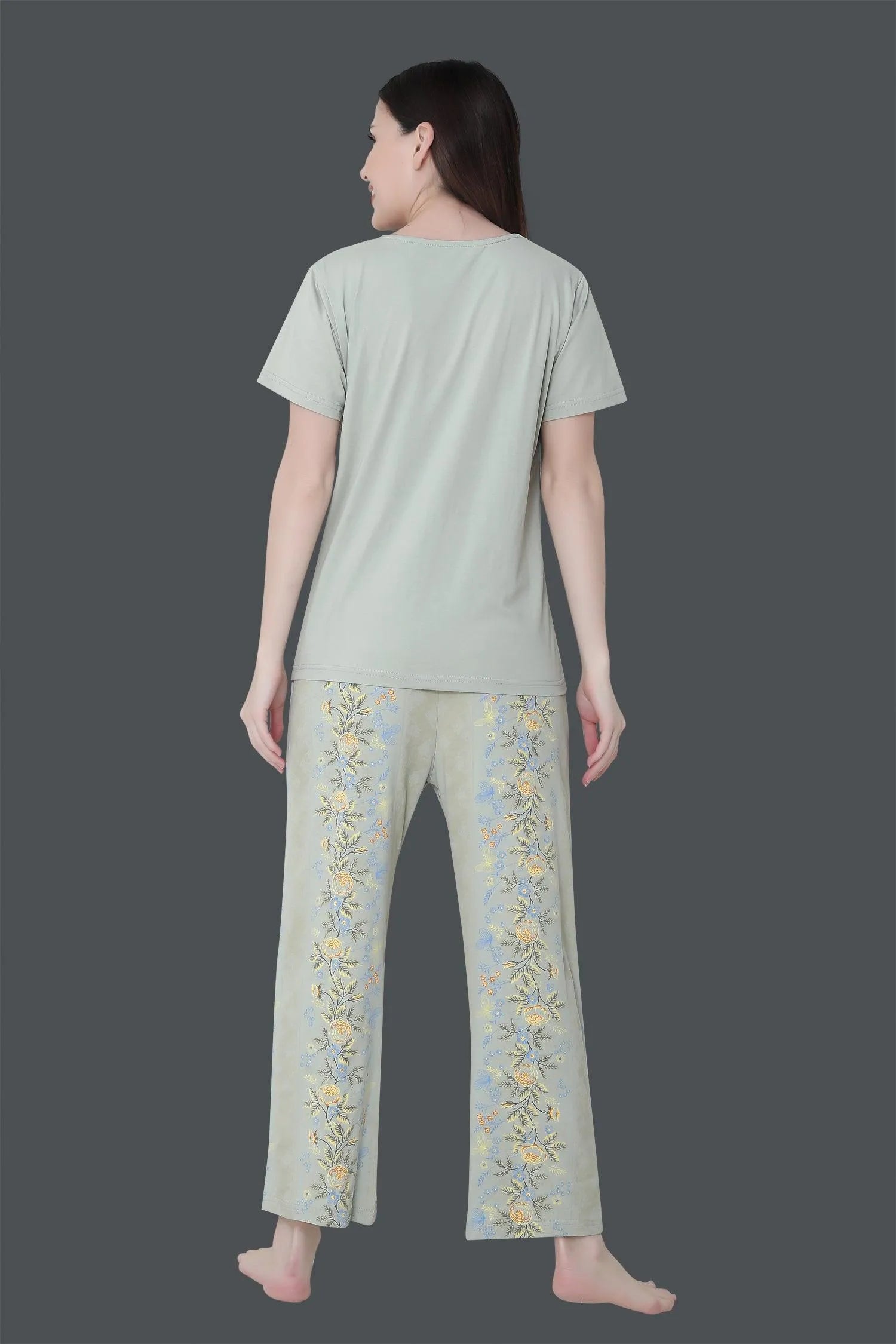 Velure Tunic Blossom Print Pajama Set - Velure - T-Shirt and Pant - Cotton, Floral Print, Full Length Pant, Half Sleeves, Round neck nightsuit