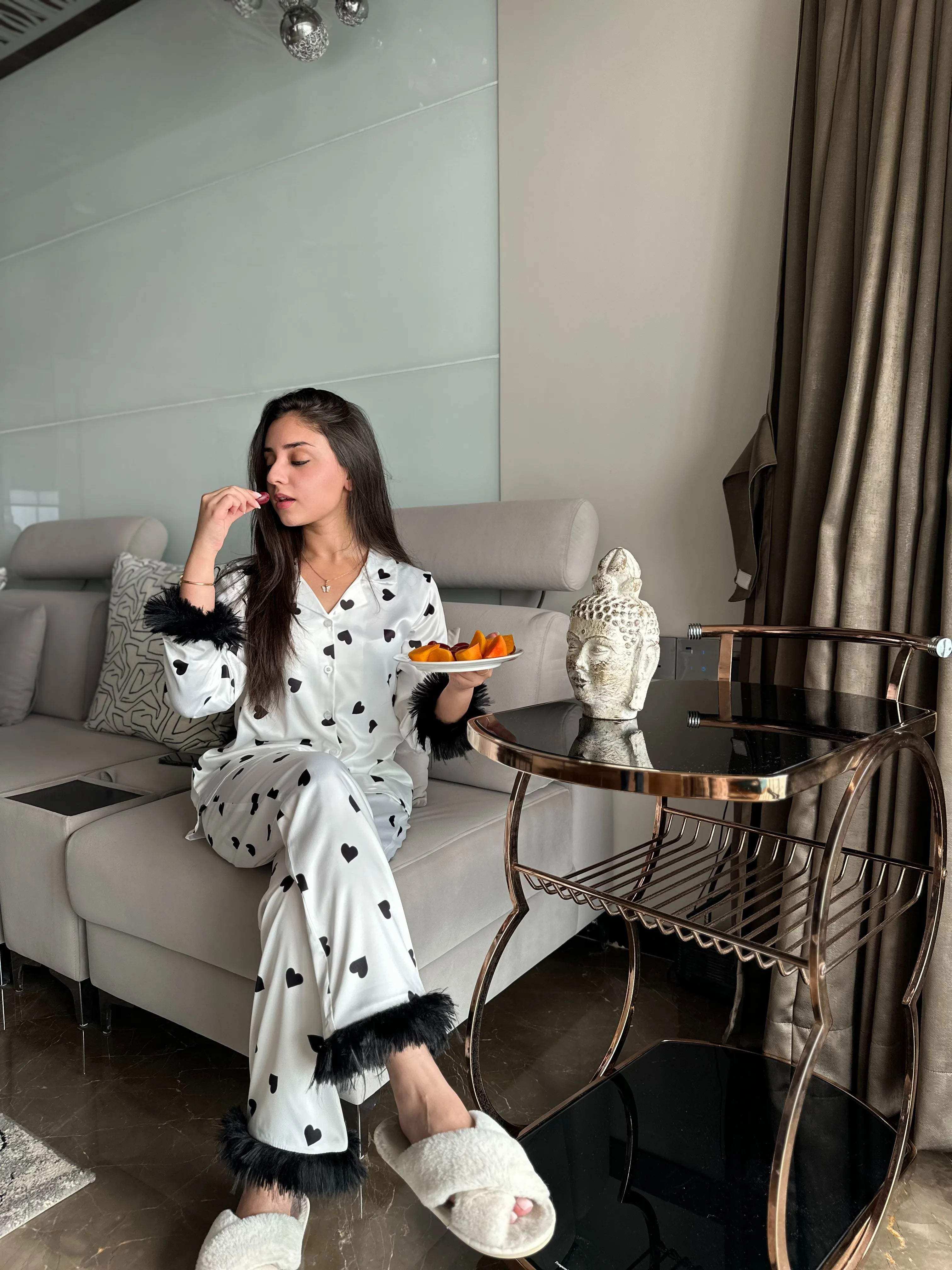 Velure Fashionable Black Heart Fur Print Night Suit - Velure - - Detail-printedfur, Front Button Open, Full Length Pant, Fur, Satin