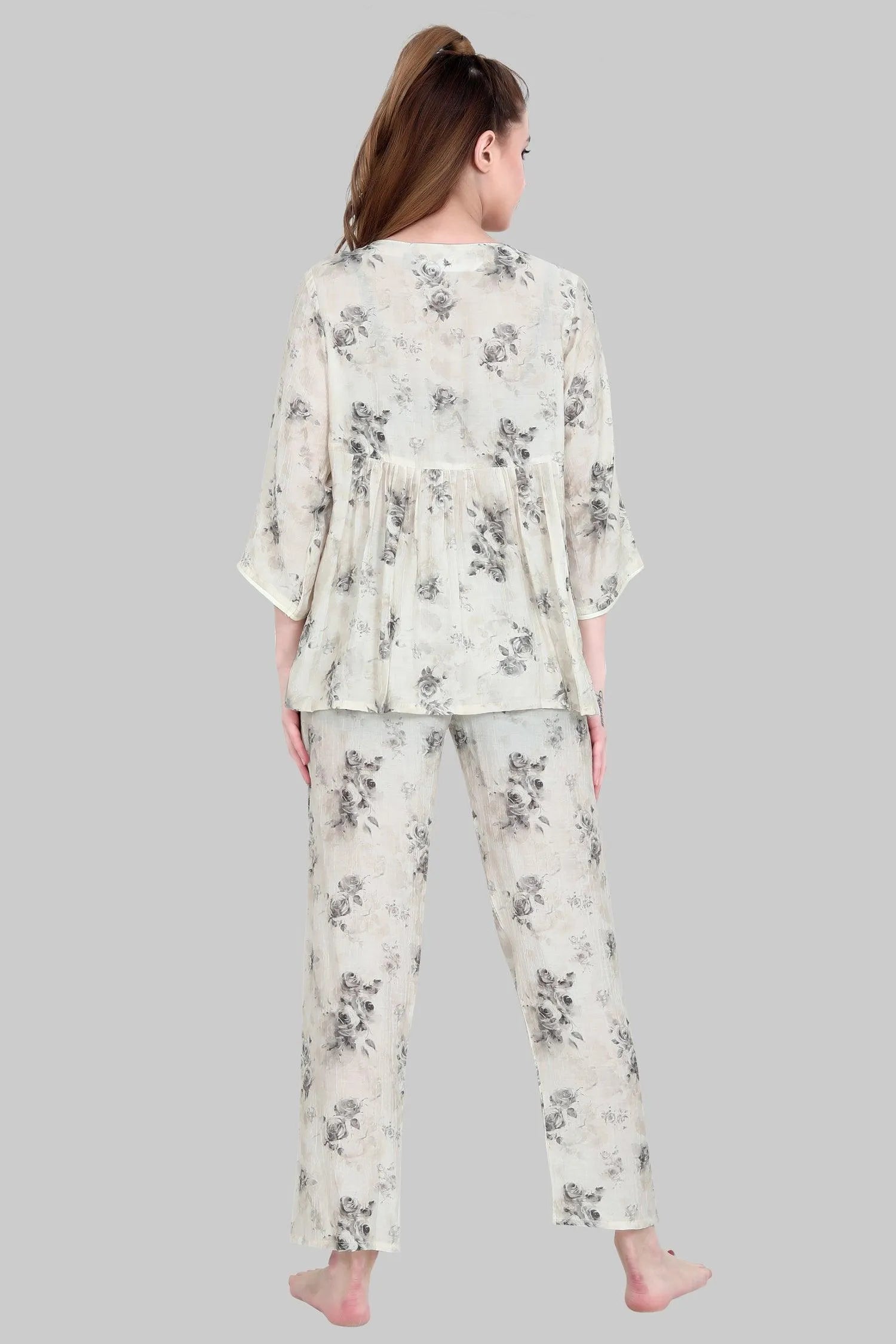 Velure Elegant Rose Print Frock-Style Night Suit - Velure - Long Top and Pant - 3/4 Sleeves, Floral Print, Frock Style, Full Length Pant, Linen, V Neck