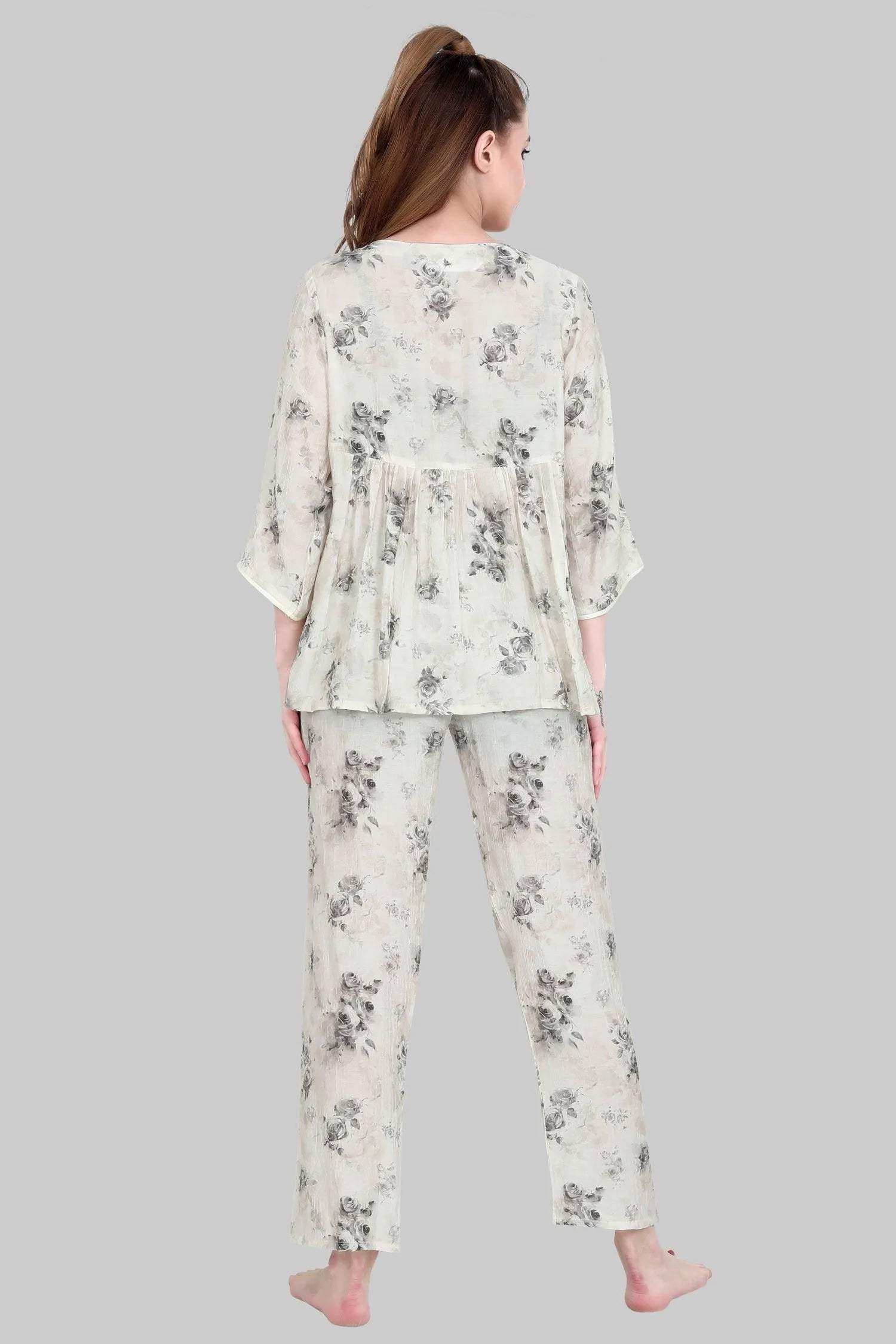 Velure Elegant Rose Print Frock-Style Night Suit - Velure - - 3/4 Sleeves, Floral Print, Frock Style, Full Length Pant, Linen, V Neck
