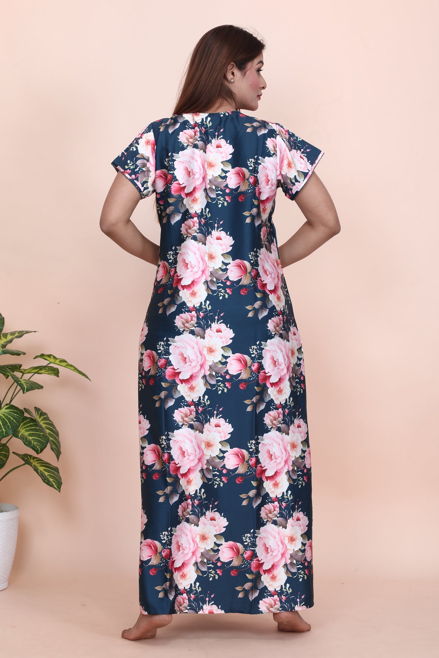Velure Pleasing Floral Print Satin Nighty - Velure - - Floral Print, Half Sleeves Nighty, Satin